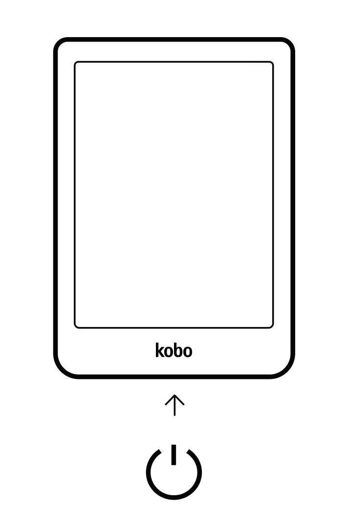 Illustration of a Kobo eReader with the power button highlighted on the bottom of the device.