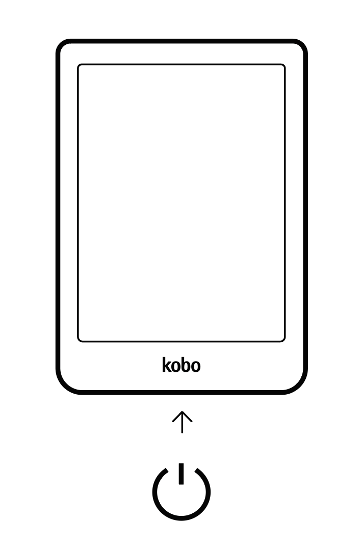 Illustratie van een Kobo eReader met de aan/uit-knop gemarkeerd aan de onderkant van het apparaat.