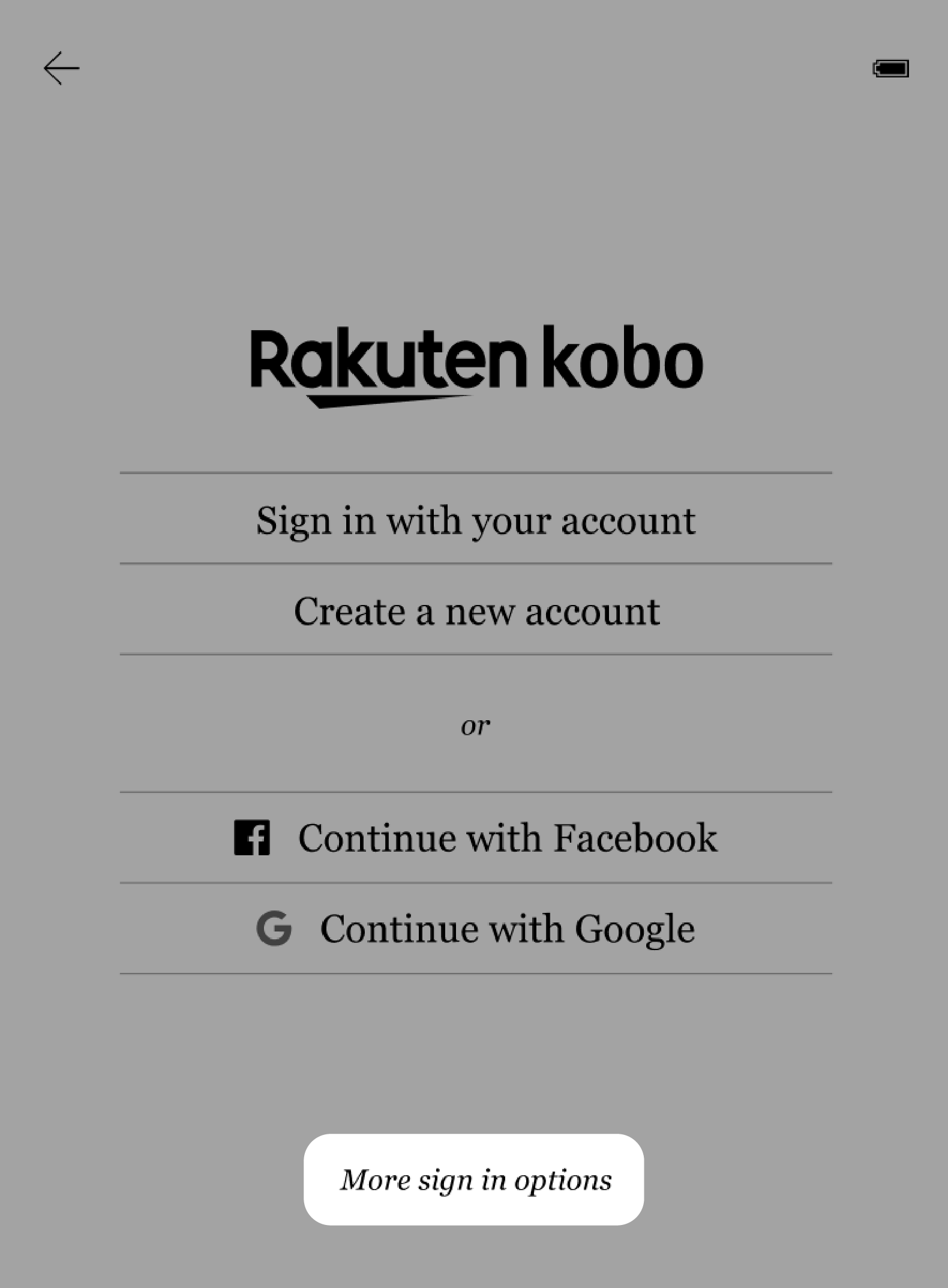 Kobo eOkuyucu oturum açma ekranı, Diğer oturum açma seçenekleri düğmesi vurgulanmış.
