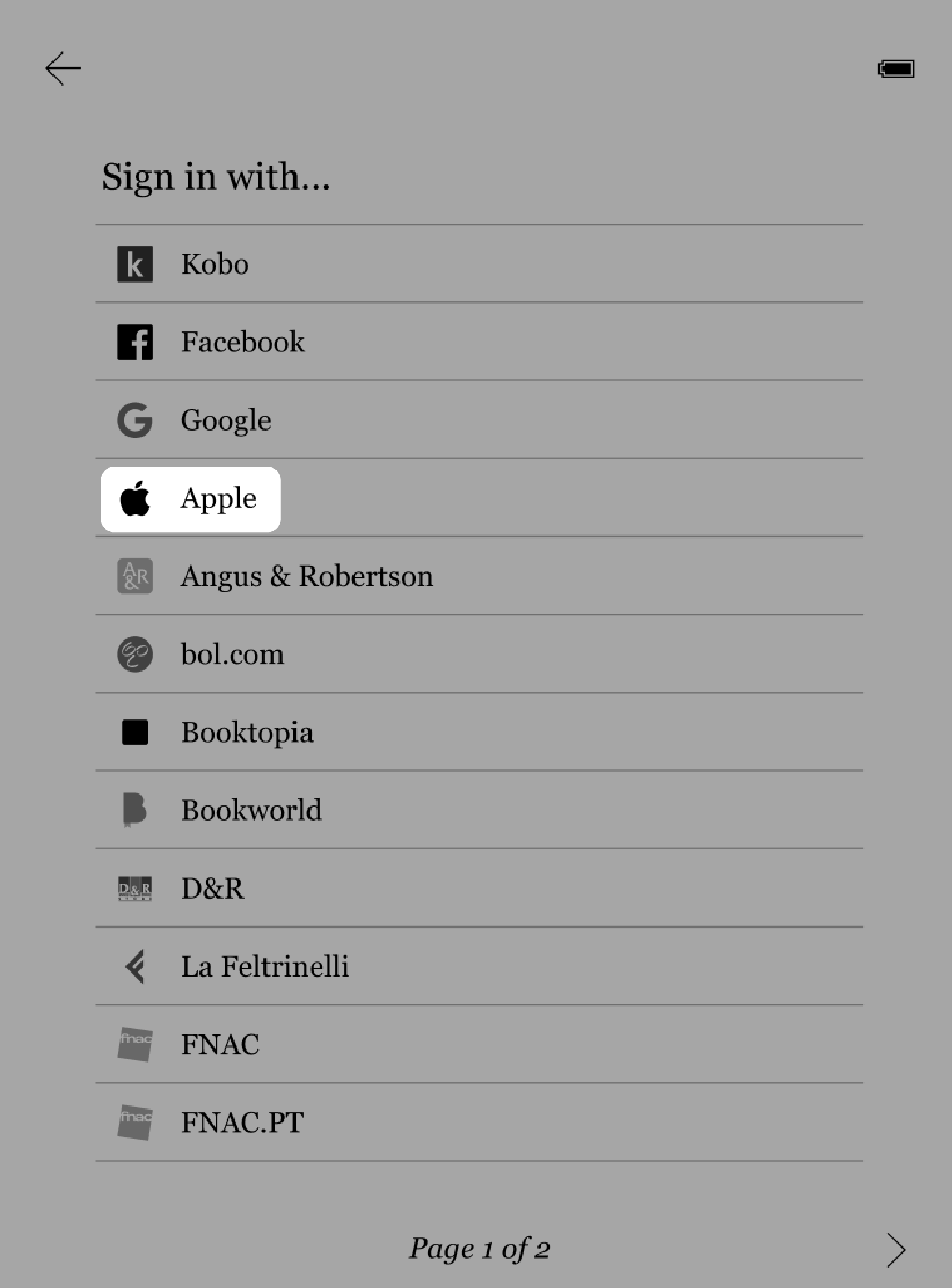 Kobo eOkuyucu giriş ekranında Apple seçeneği seçili.