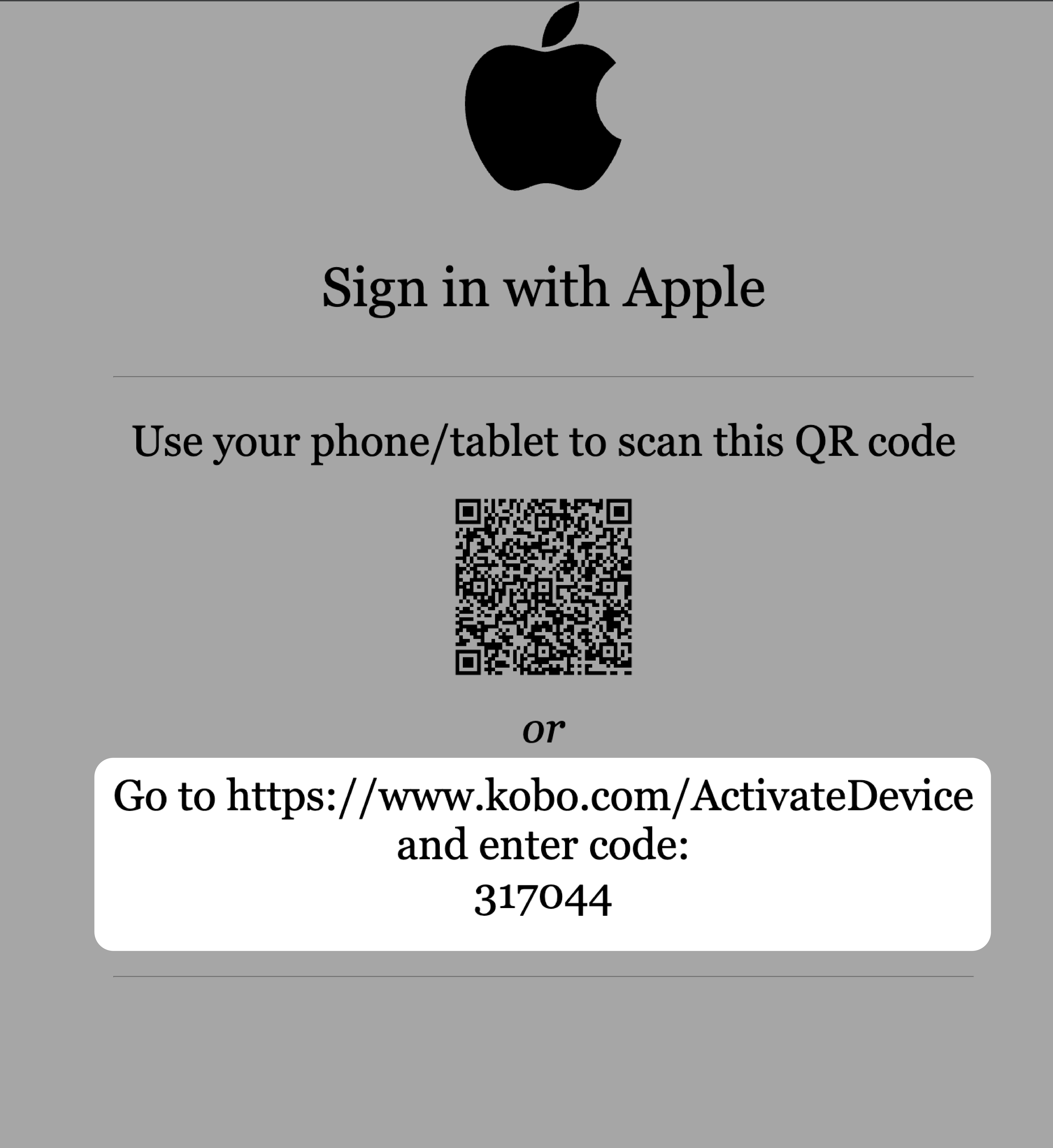 Kobo eOkuyucu'da Apple ile oturum açma menüsünde etkinleştirme cihaz kodu vurgulanmış olarak.
