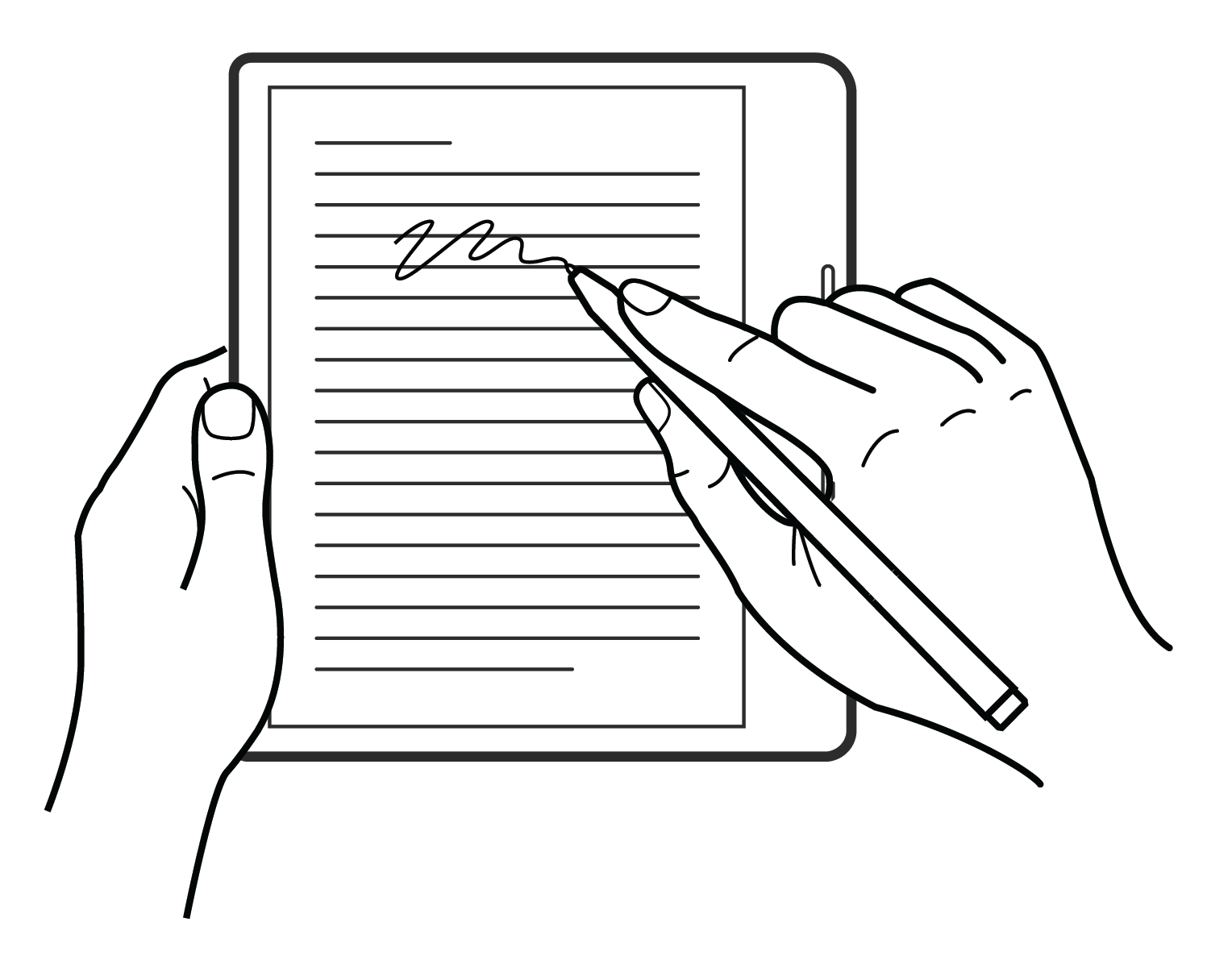 Illustration of a hand writing notes on the Kobo ereader screen using Kobo Stylus.