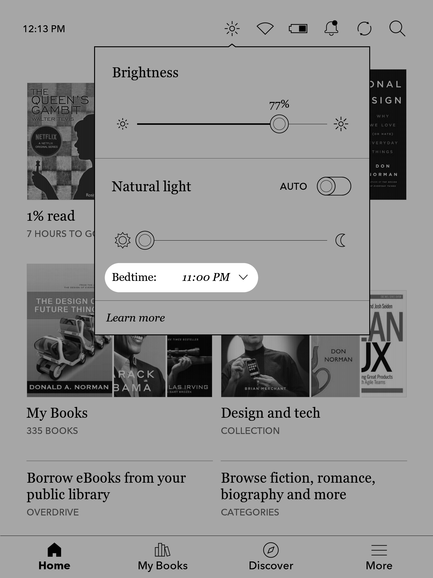 Kobo eReader Home screen with the the Bedtime menu highlighted.