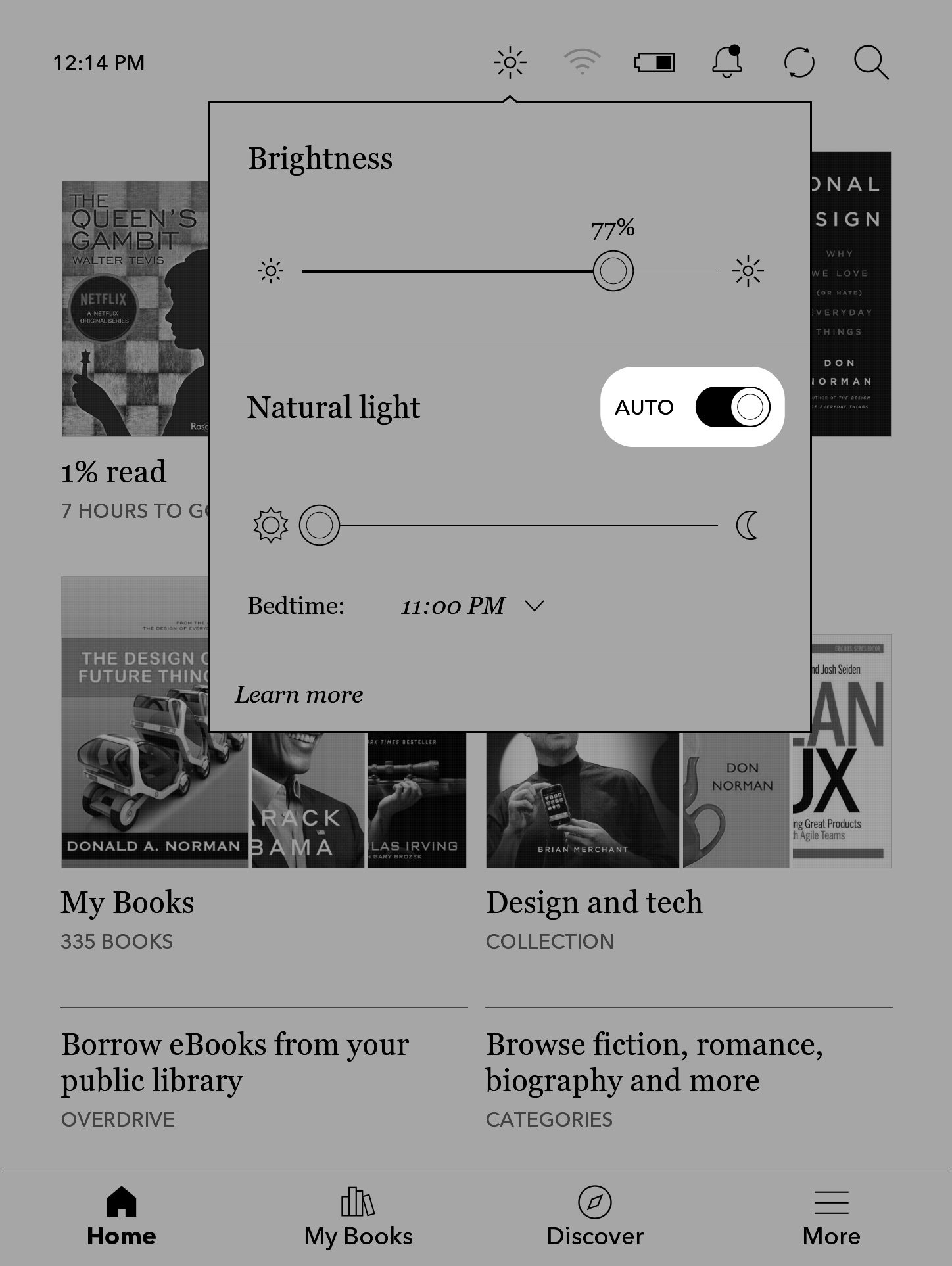 Pantalla de inicio del Kobo eReader con el control deslizante automático resaltado.