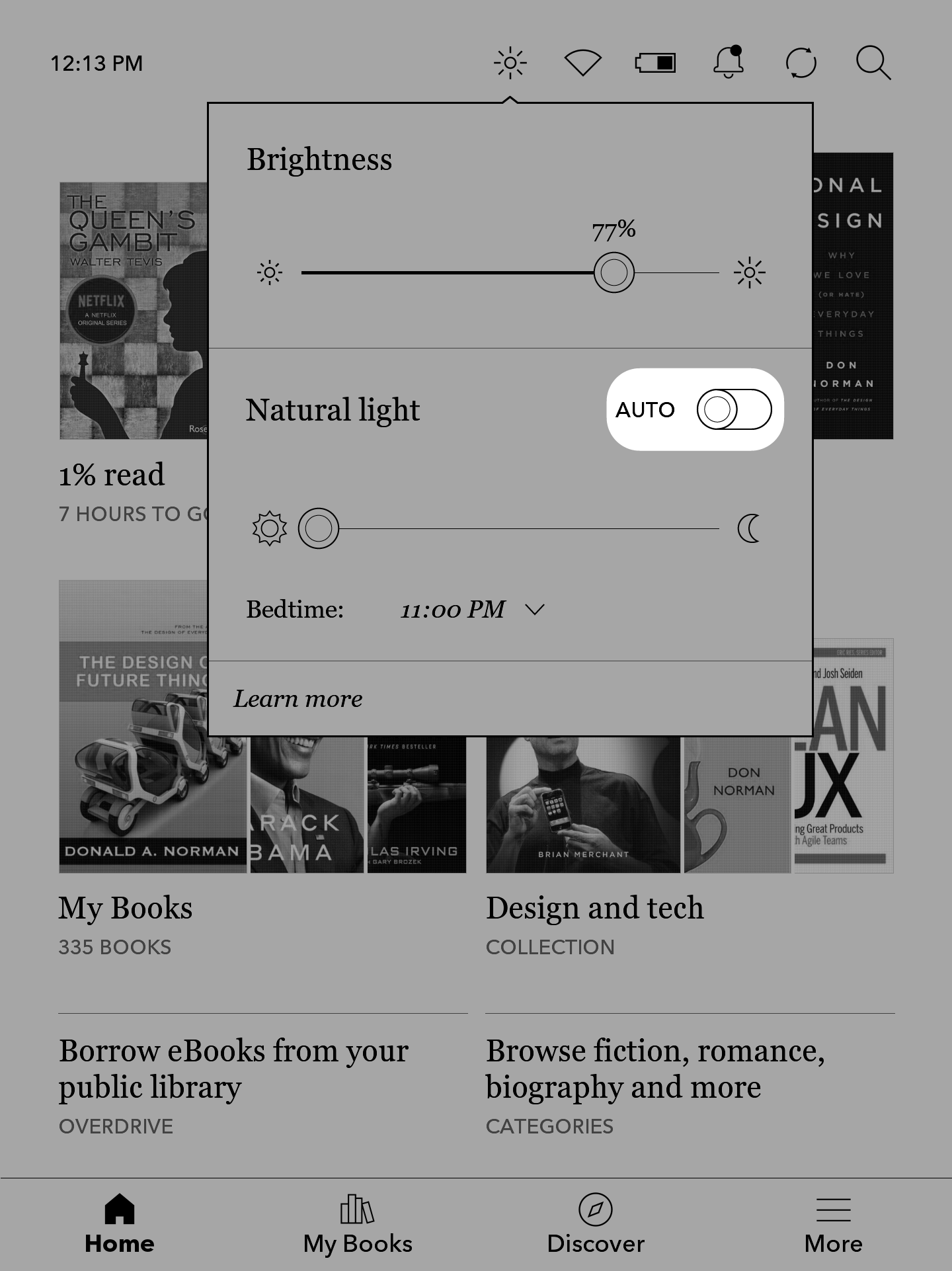 Pantalla de inicio del Kobo eReader con el control deslizante automático resaltado.