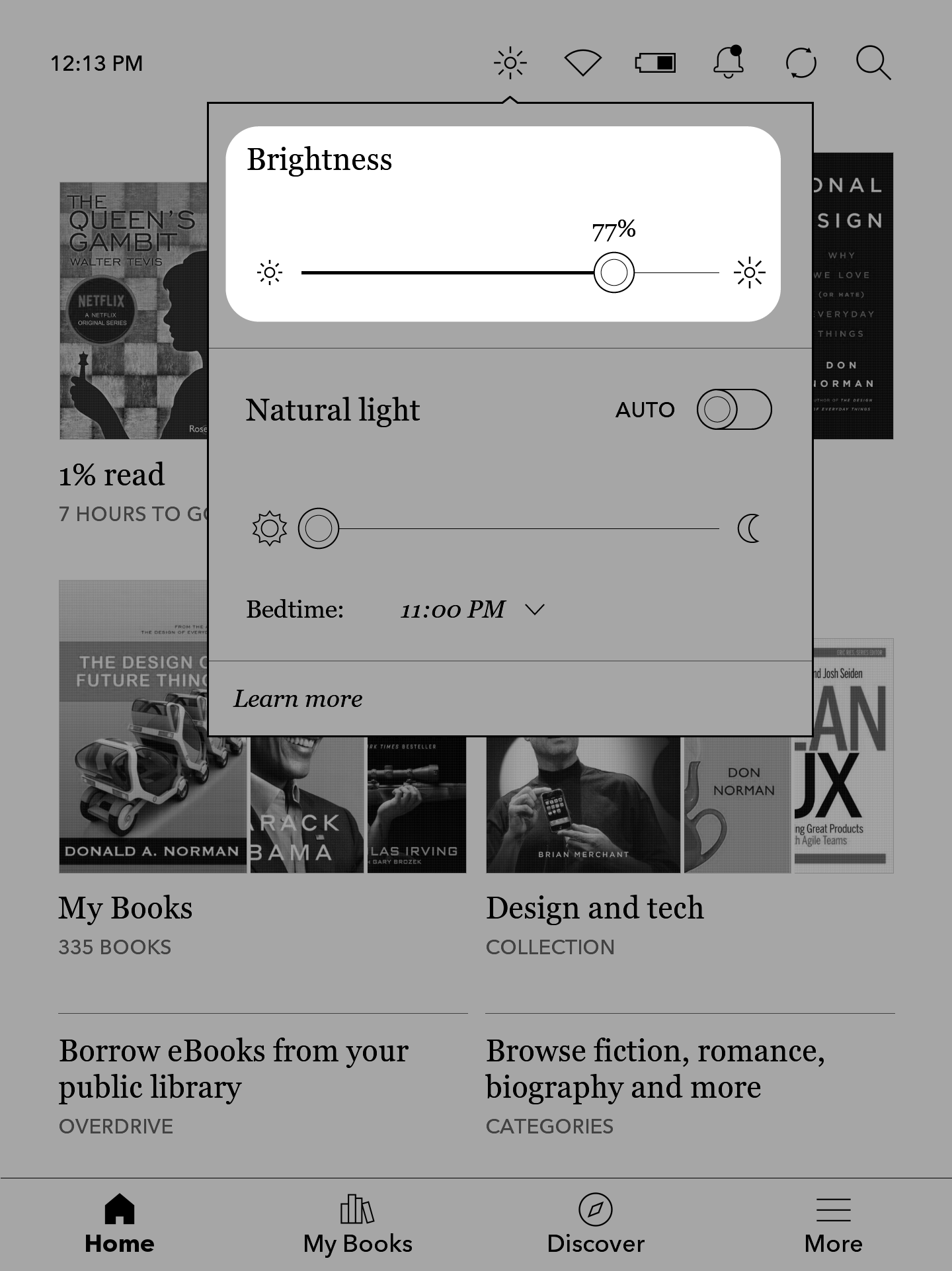 Ecrã inicial do Kobo eReader com o controlo deslizante de brilho destacado.