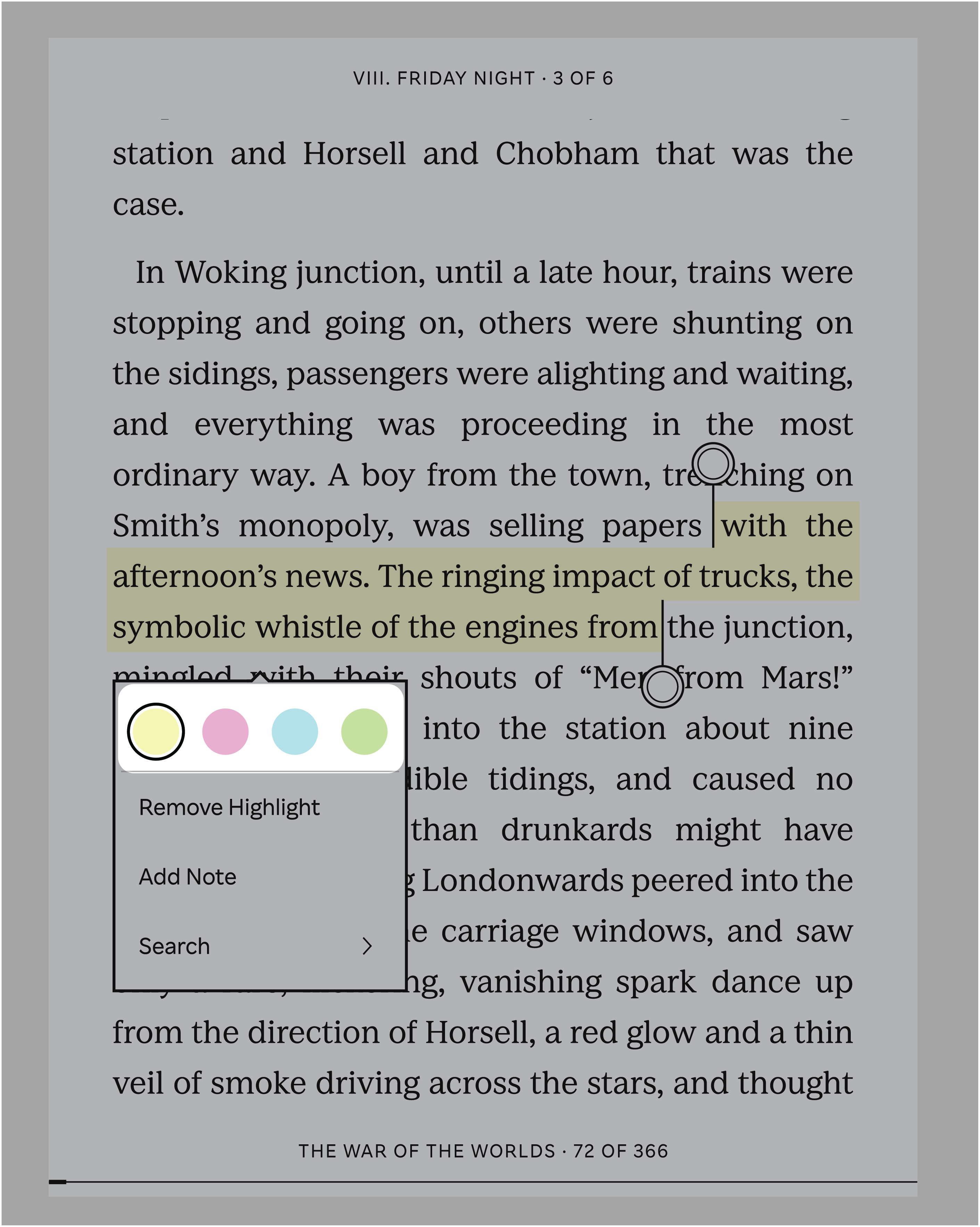 Kobo eReader reading experience with the highlight colour options highlighted.