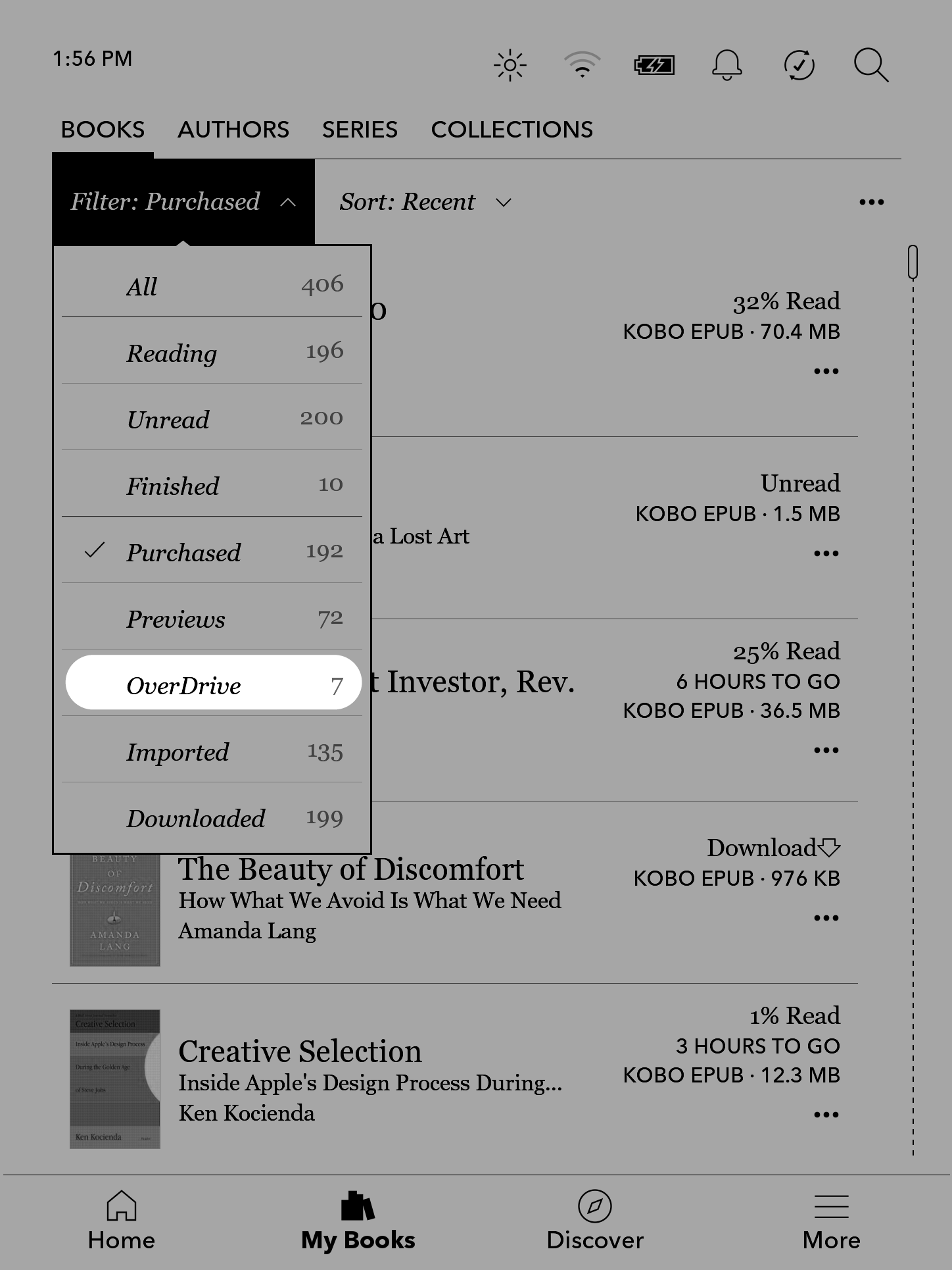 Kobo eReader „Meine Bücher“-Menü mit hervorgehobenem OverDrive-Button.