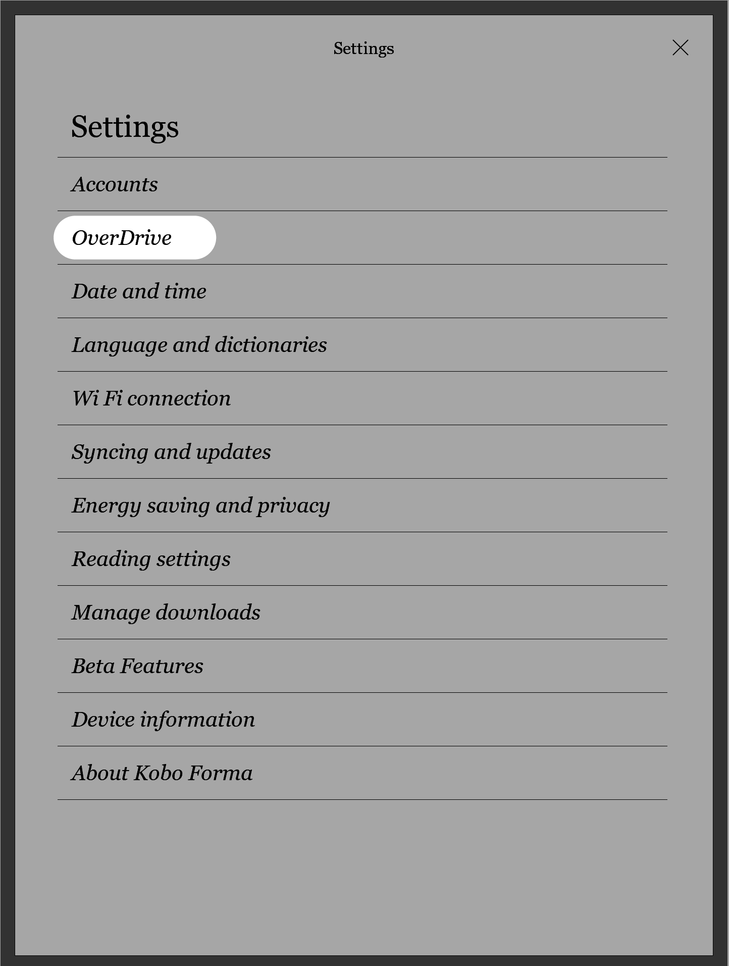 Menú de Configuración del eReader Kobo con el botón de OverDrive resaltado.