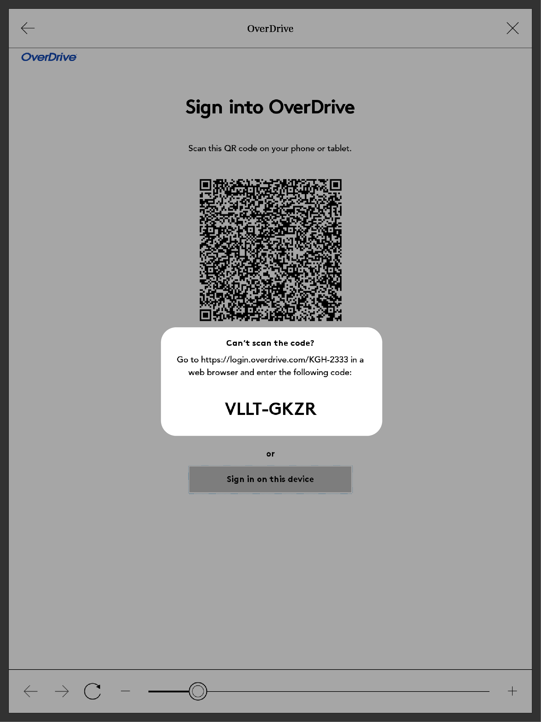 Menu OverDrive d'une liseuse Kobo avec code mis en évidence.