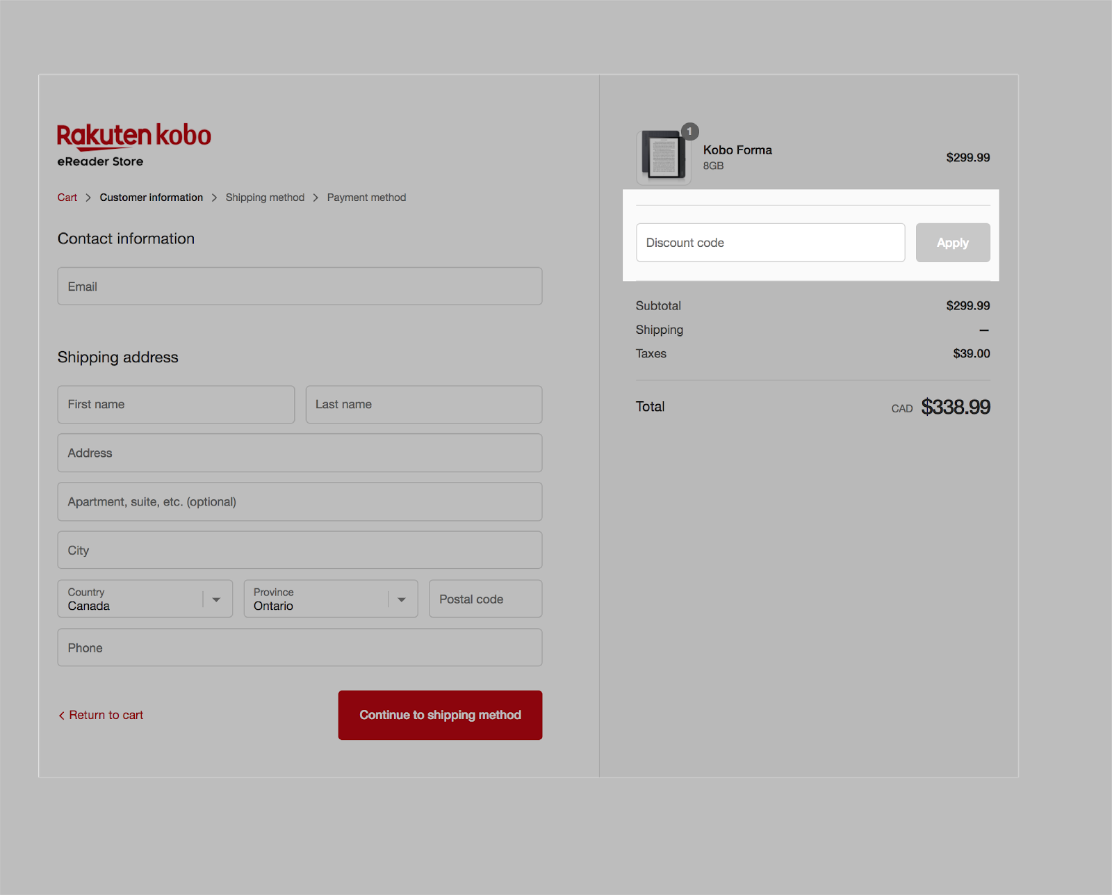 Page de paiement sur kobo.com avec le champ Code de réduction mis en évidence.