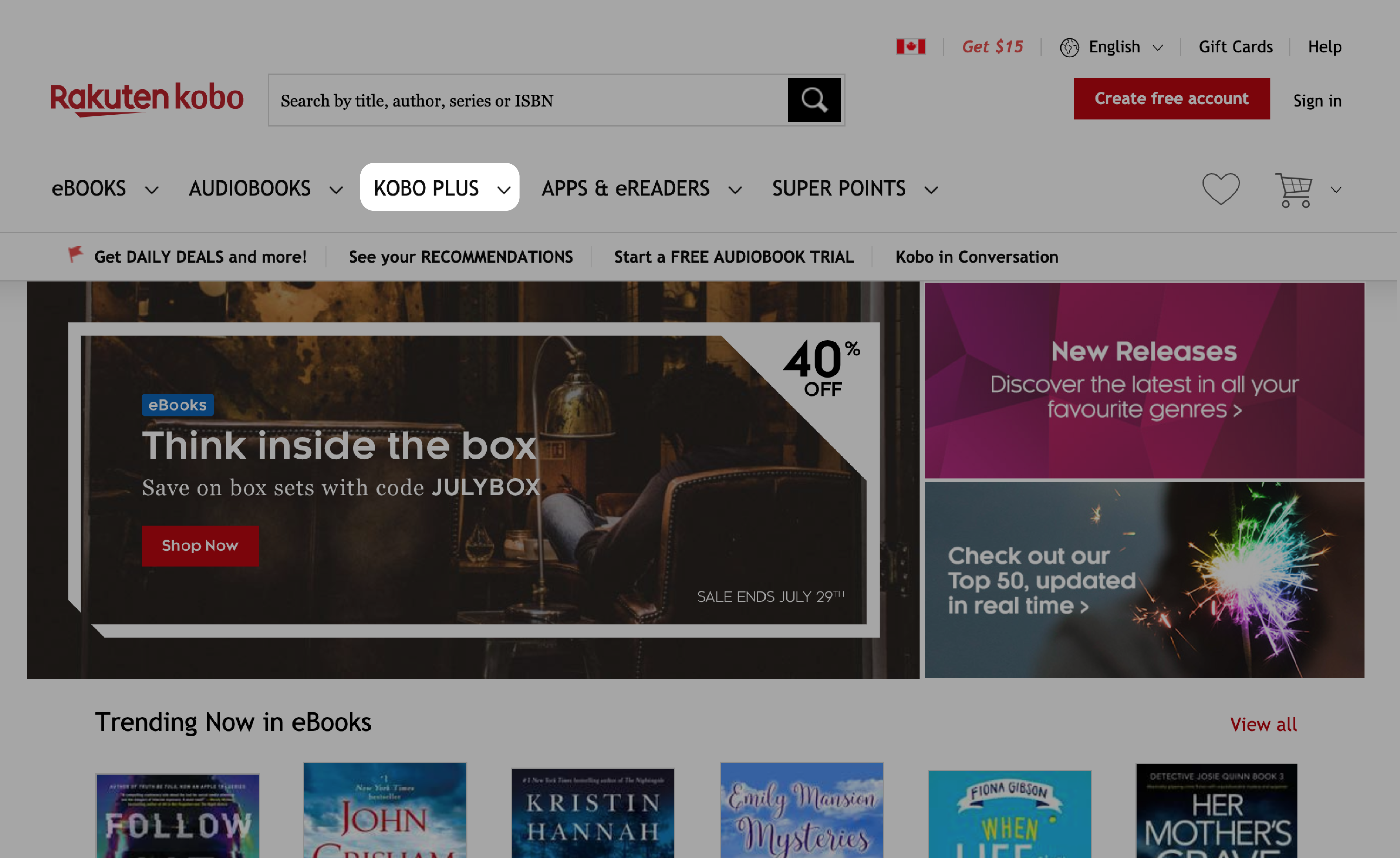 Page d'accueil de kobo.com avec le bouton Kobo Plus mis en évidence.