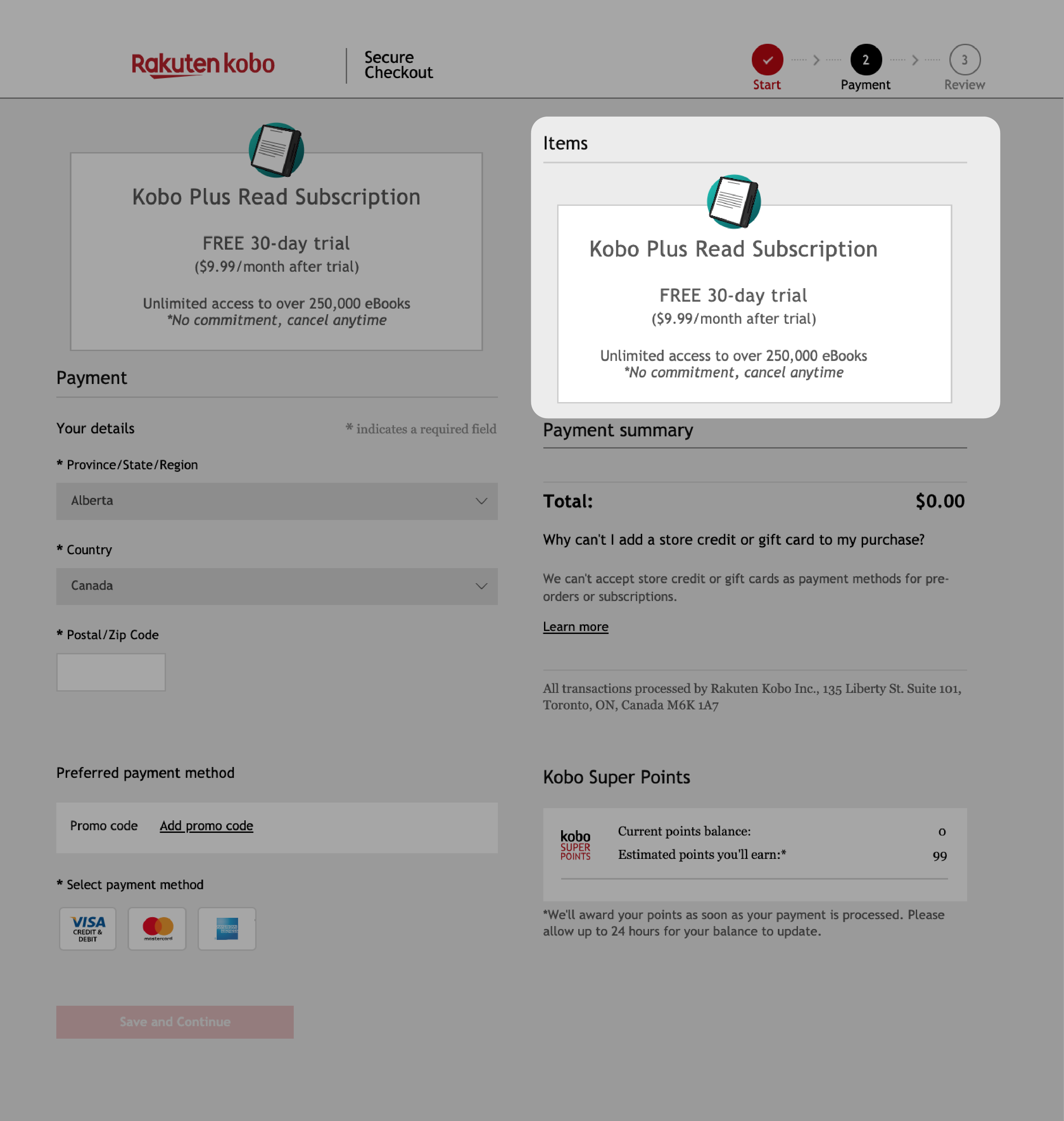 Écran de paiement de Kobo Plus avec l'abonnement mis en évidence.