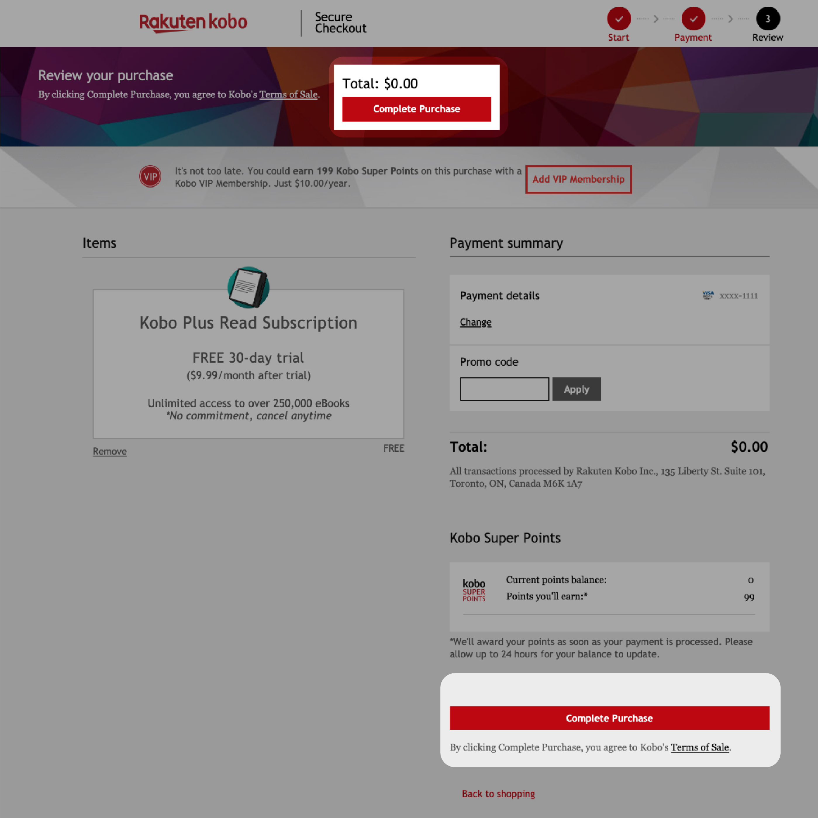 Kobo.com 結帳頁面，其中「完成購買」按鈕反白顯示。