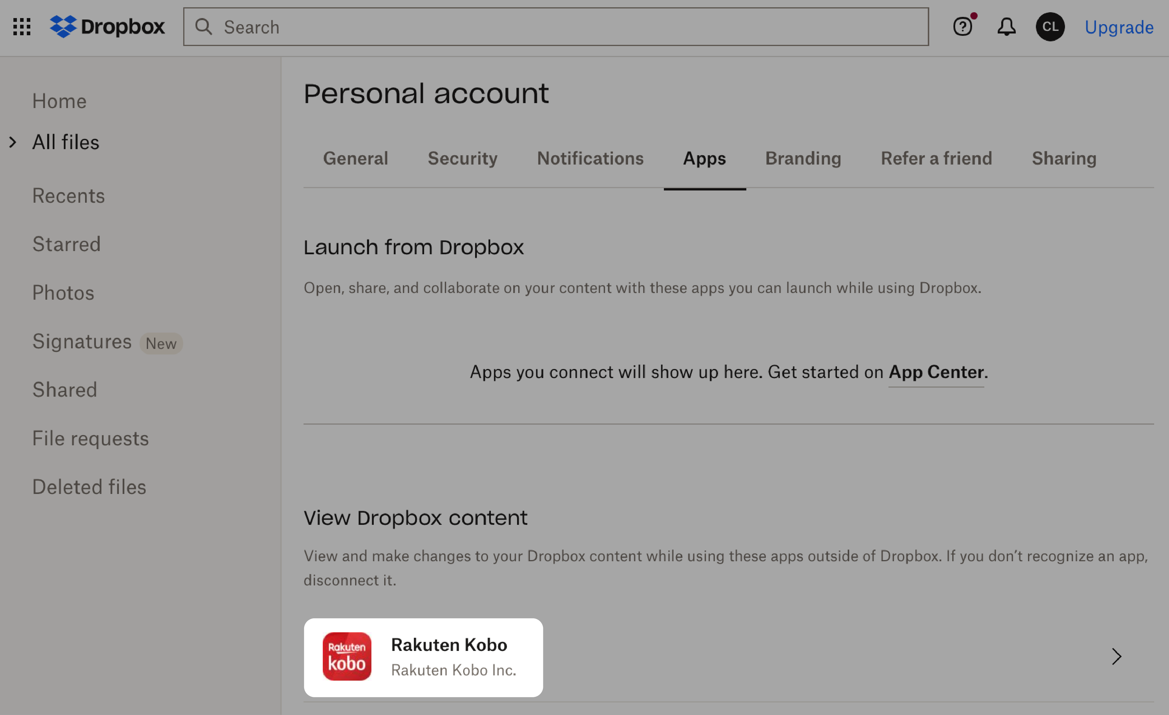 Pagina dell'account personale di Dropbox con l'icona di Rakuten Kobo evidenziata.