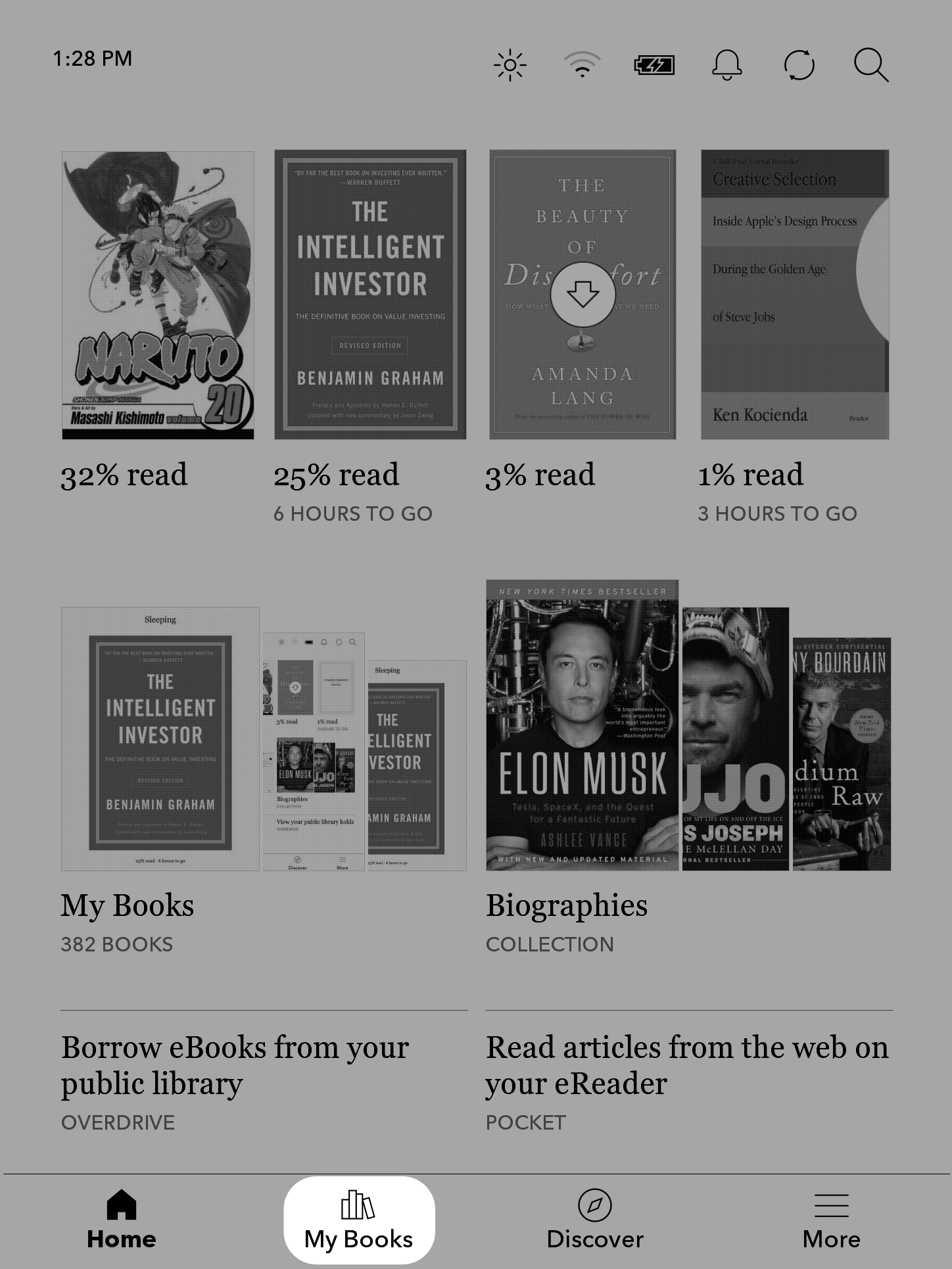 Ecrã inicial do Kobo eReader com o menu Os Meus Livros destacado.