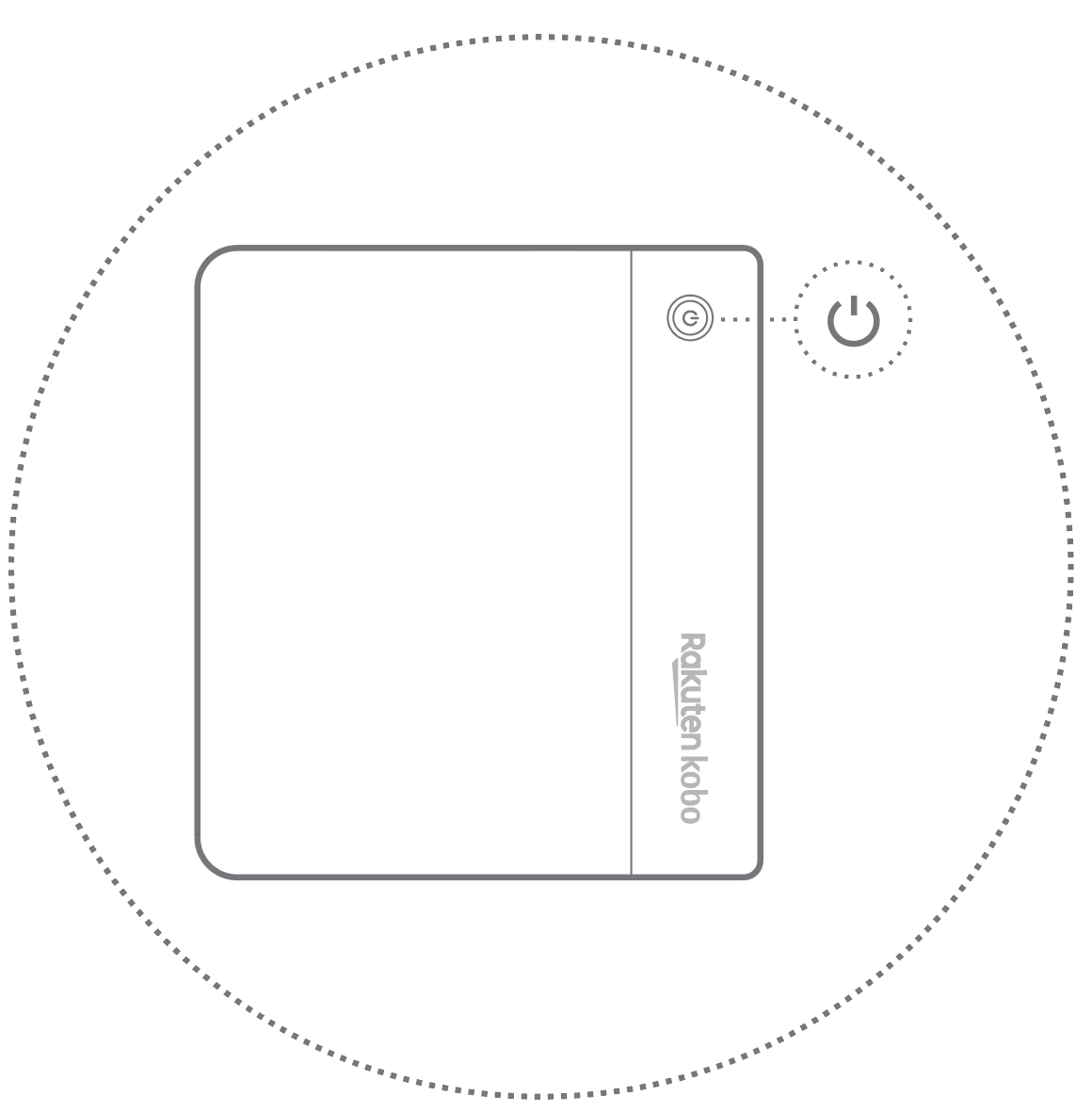 Illustration eines Kobo eReaders mit hervorgehobenem Ein-/Ausschalter auf der Rückseite des Geräts.