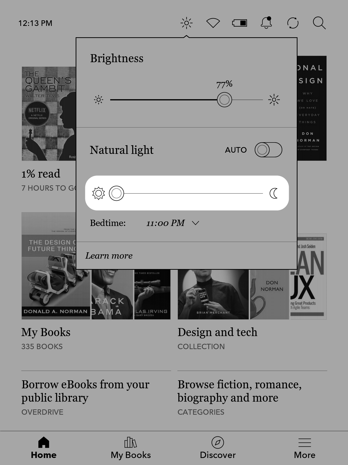 Kobo eReader Home screen with the  Natural light slider highlighted.