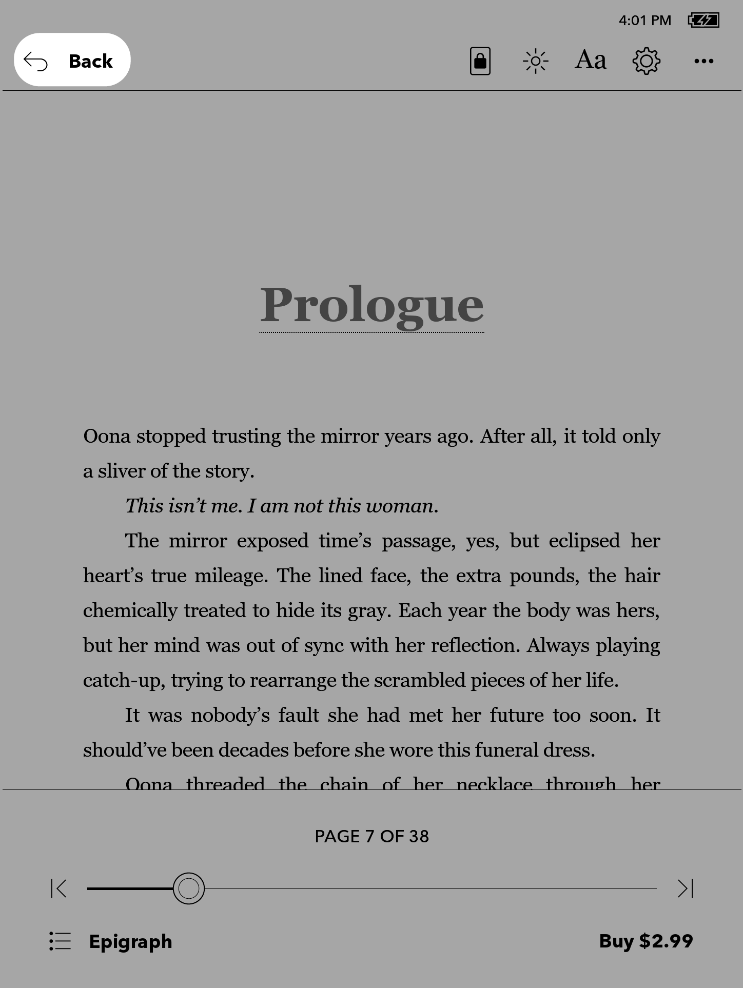 Visão de leitura do Kobo eReader com o botão Voltar destacado.