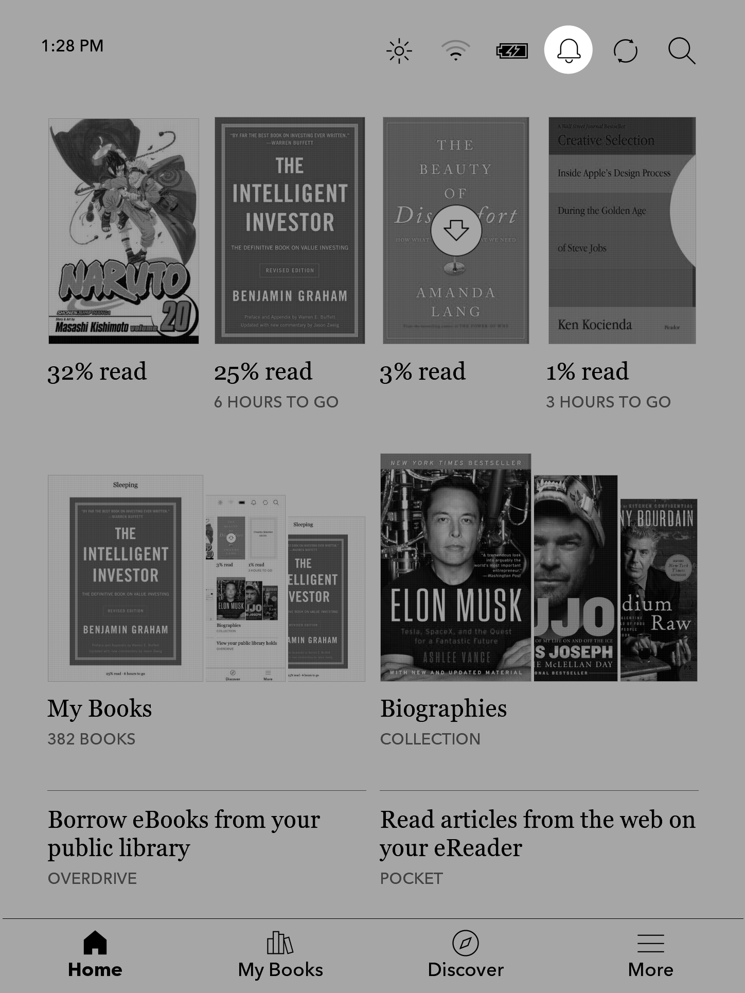 Kobo eReader home screen with the Bell icon highlighted near the top of the screen.