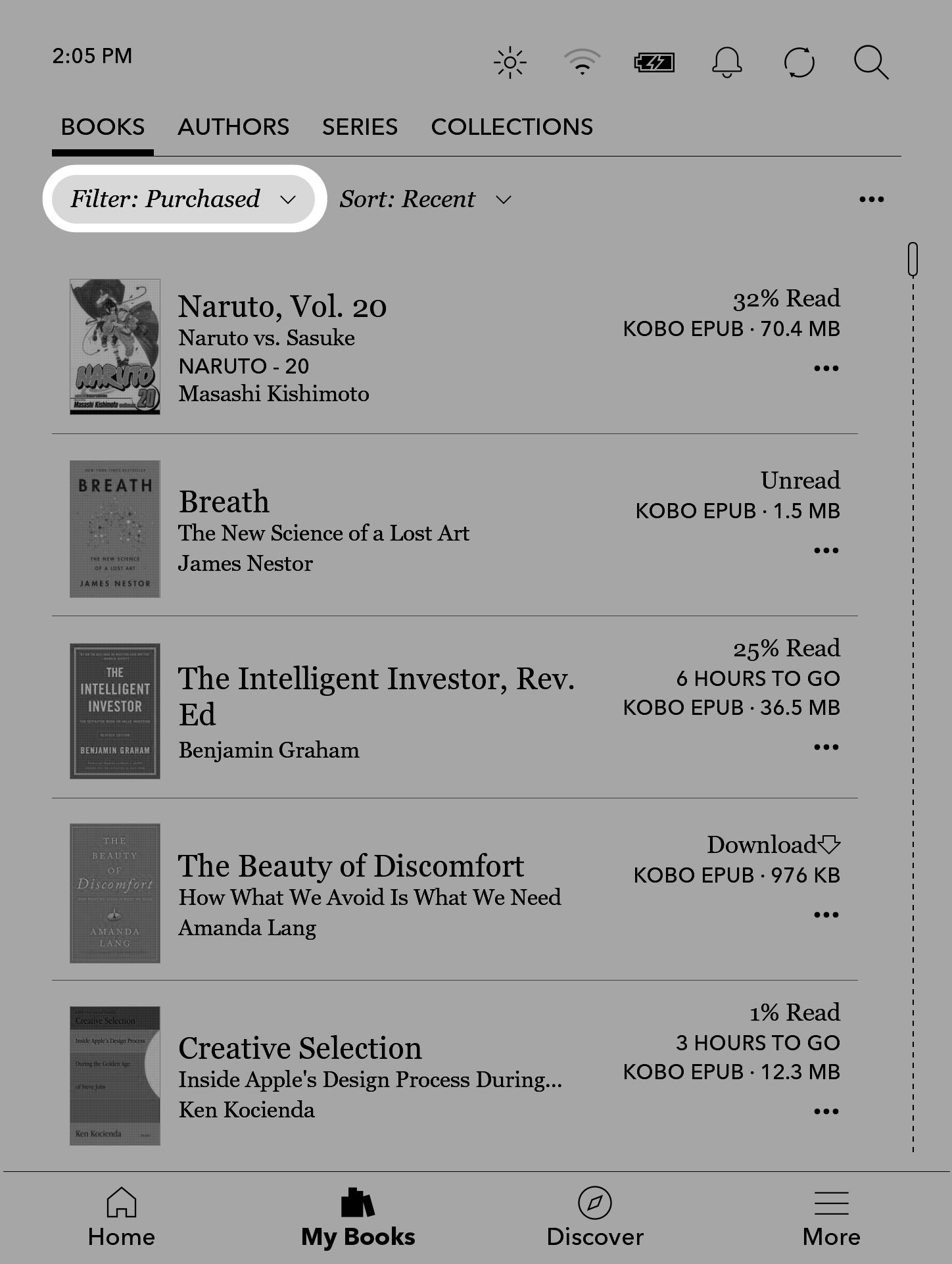 Menú de libros del eReader Kobo con el ícono de filtro resaltado cerca de la parte superior izquierda de la pantalla.