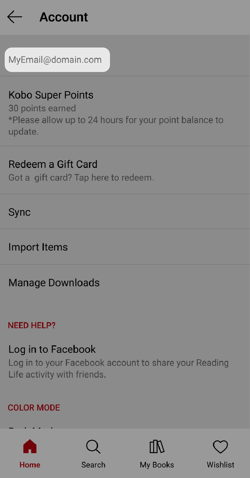 Kobo Books app Account page with the email address highlighted.