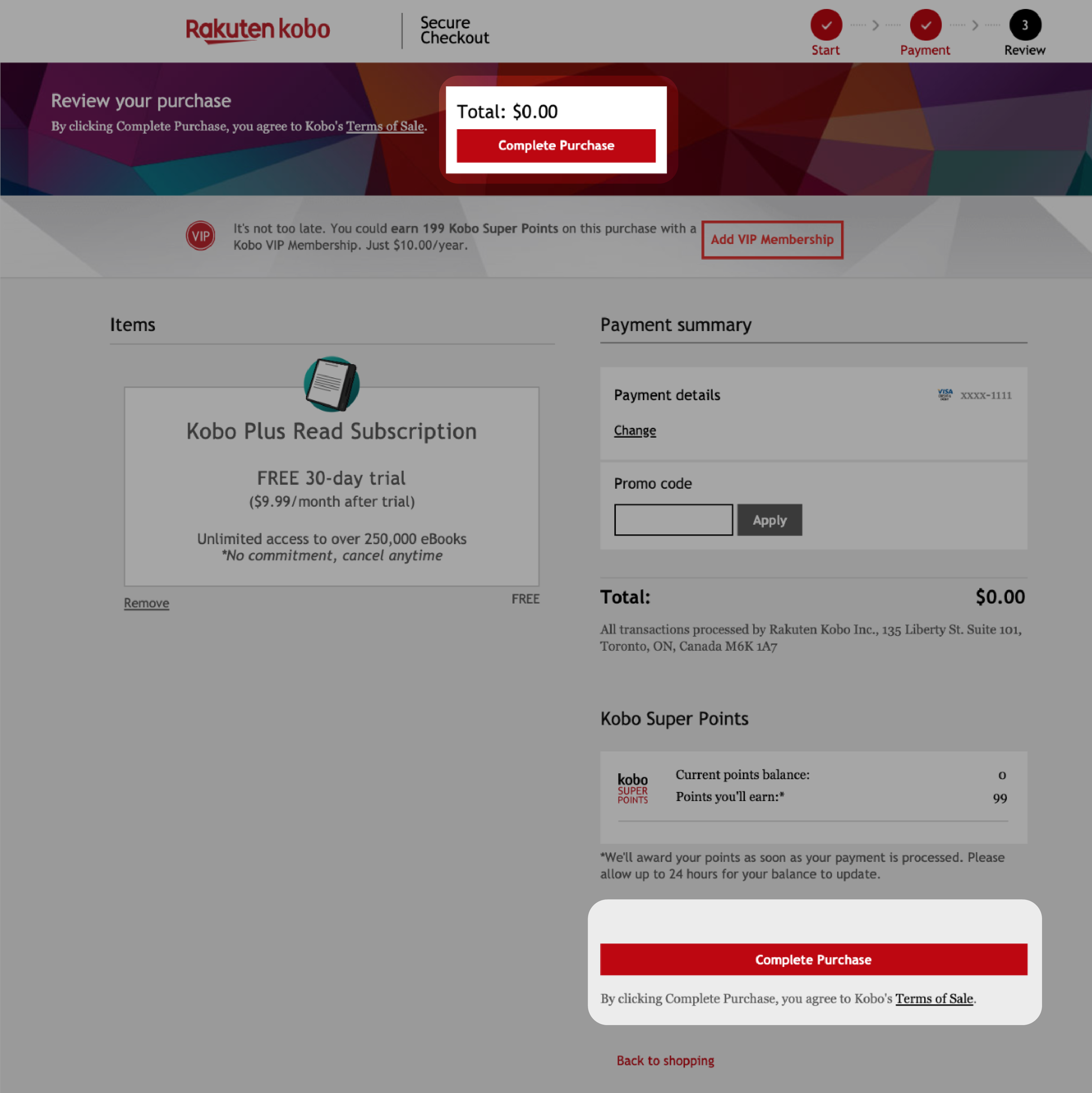 Kobo.com sin betalingsside med «Fullfør kjøp»-knappen uthevet.