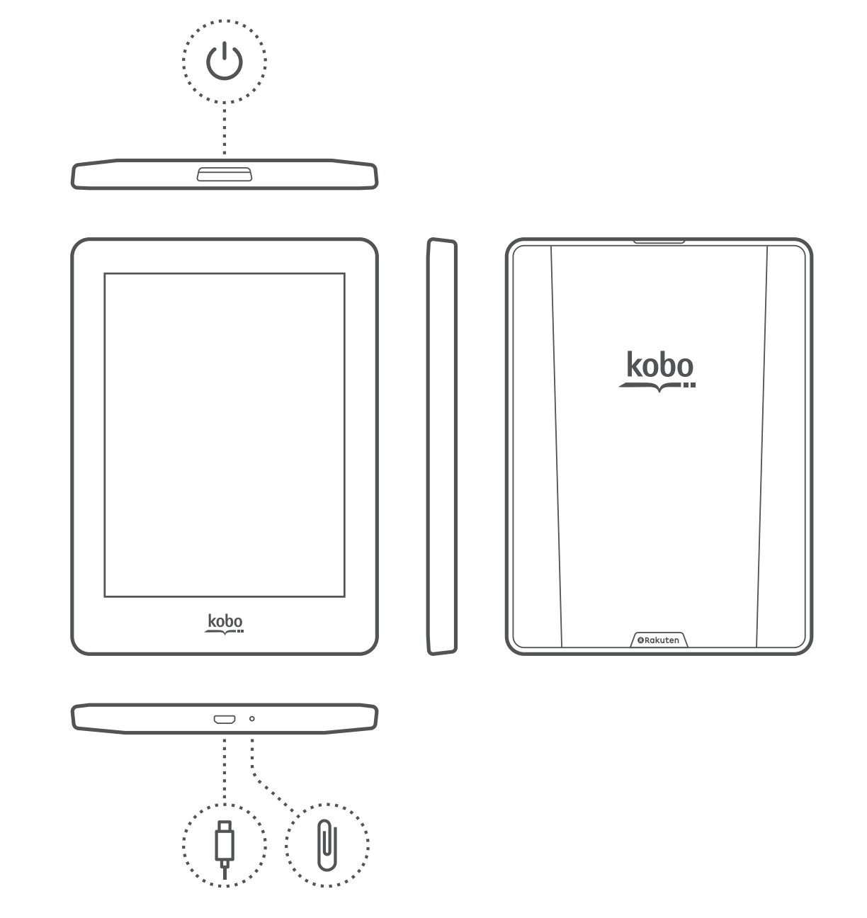 Illustration of a Kobo eReader with the ports and power button highlighted.