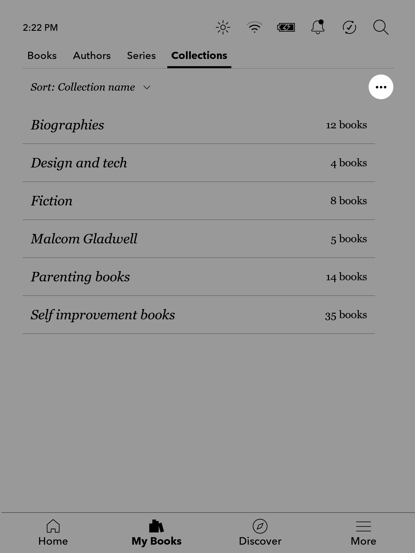 Kobo.com Collections menu with the three dots menu icon highlighted.