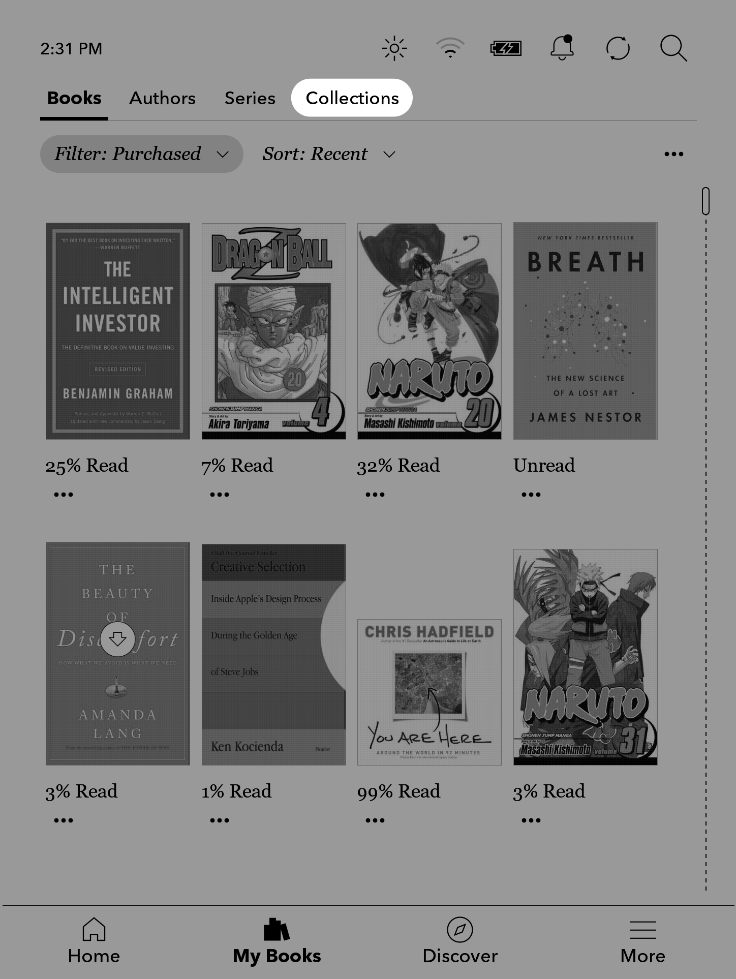 Menú Mis libros del eReader Kobo con el botón Colecciones resaltado.