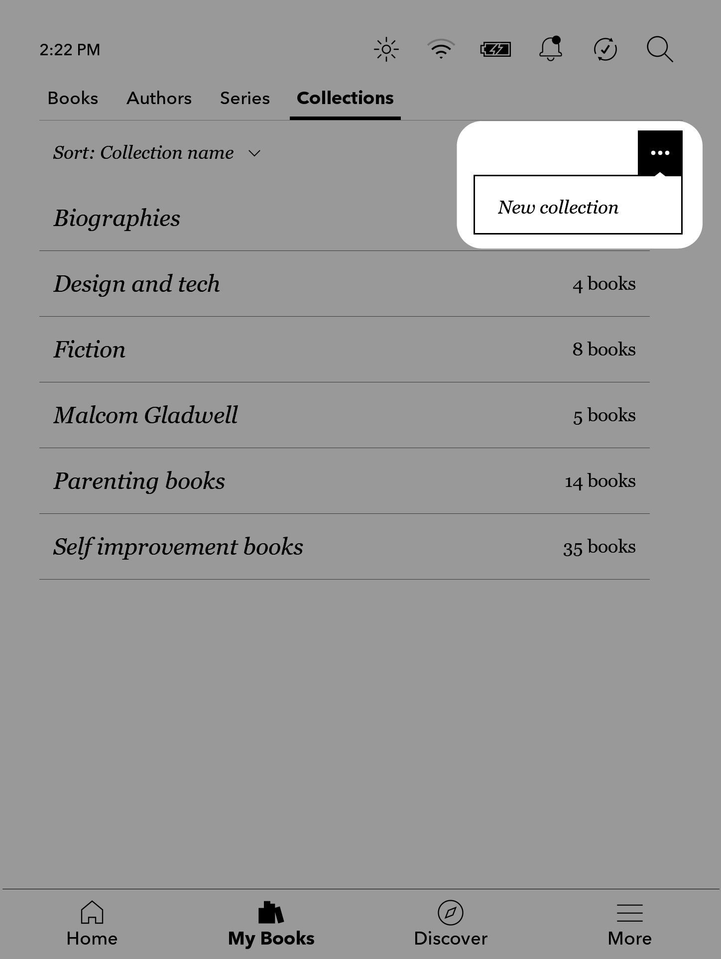 Kobo eReader Collections-menyn med knappen Ny samling markerad.