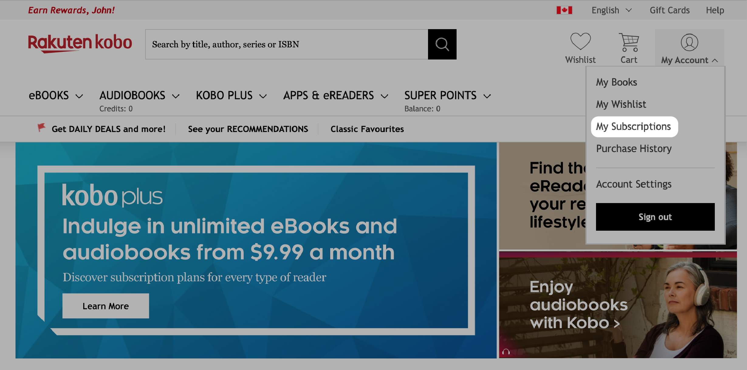 Kobo.com startpagina met de knop Mijn abonnementen gemarkeerd.