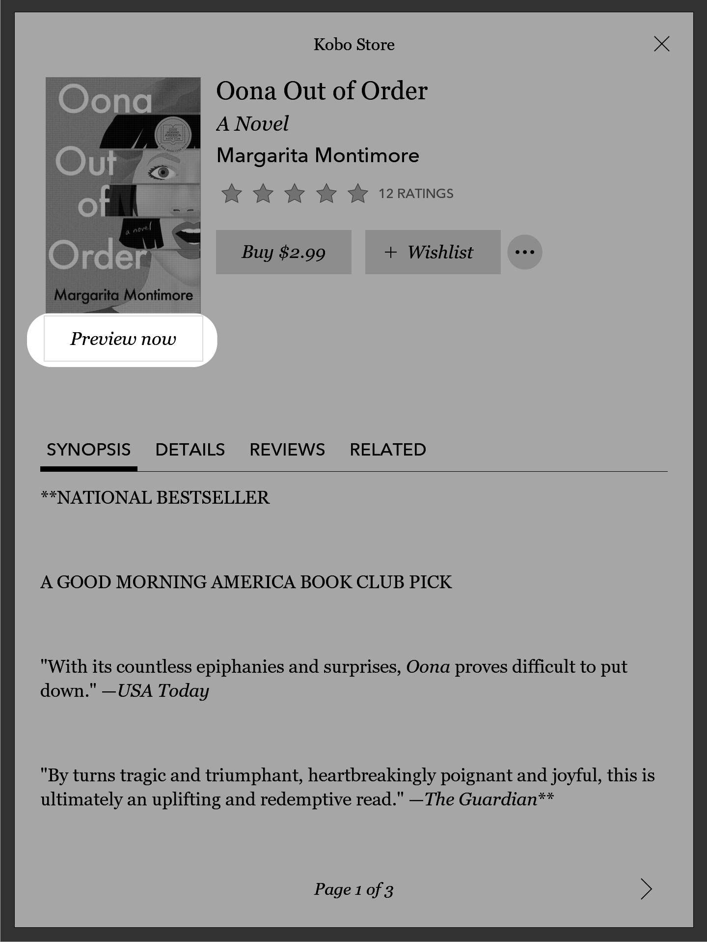 Kobo eReader Store menu with the Preview now button highlighted.