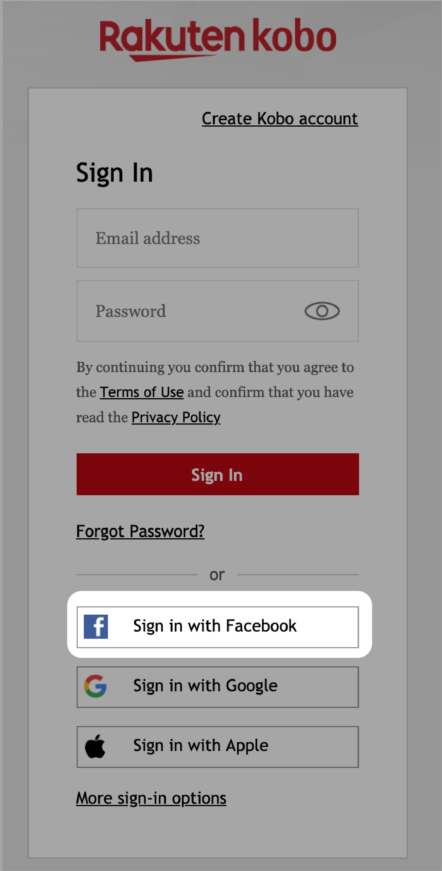 Pantalla de inicio de sesión de Kobo.com con Iniciar sesión con Facebook resaltado.