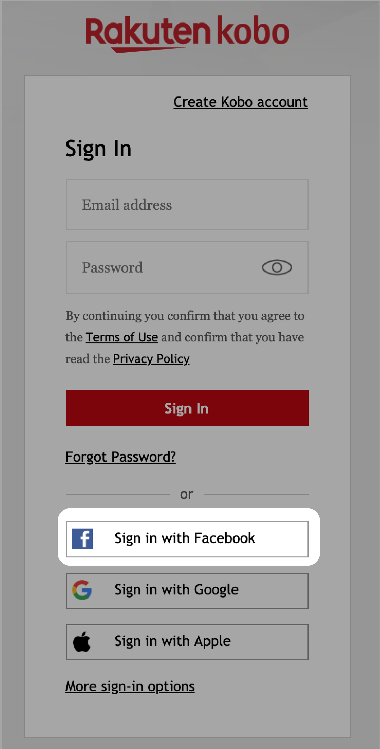 Schermata di accesso a Kobo.com con evidenziato Accedi con Facebook.