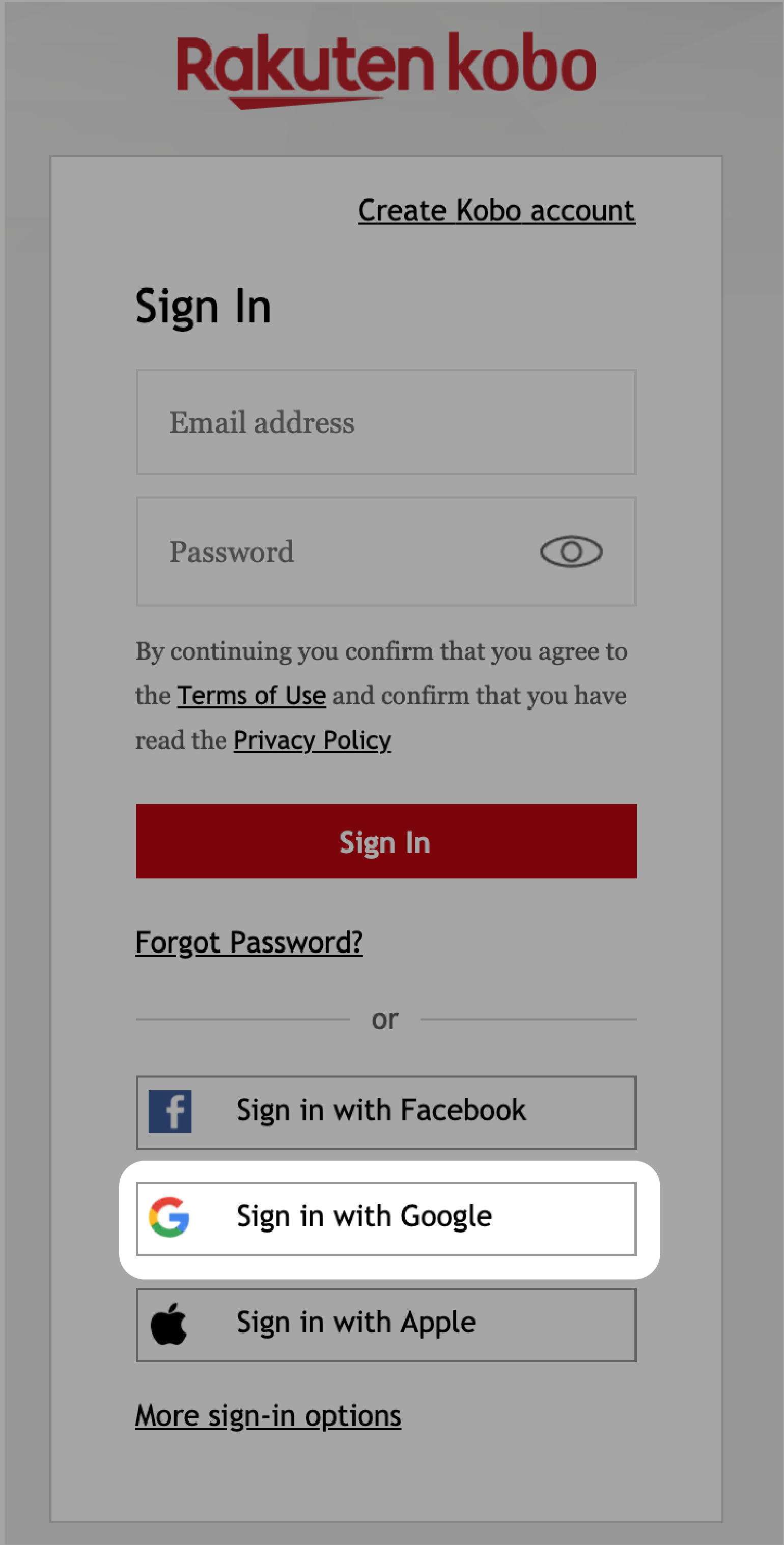 Schermata di accesso a Kobo.com con Accedi con Google evidenziato.