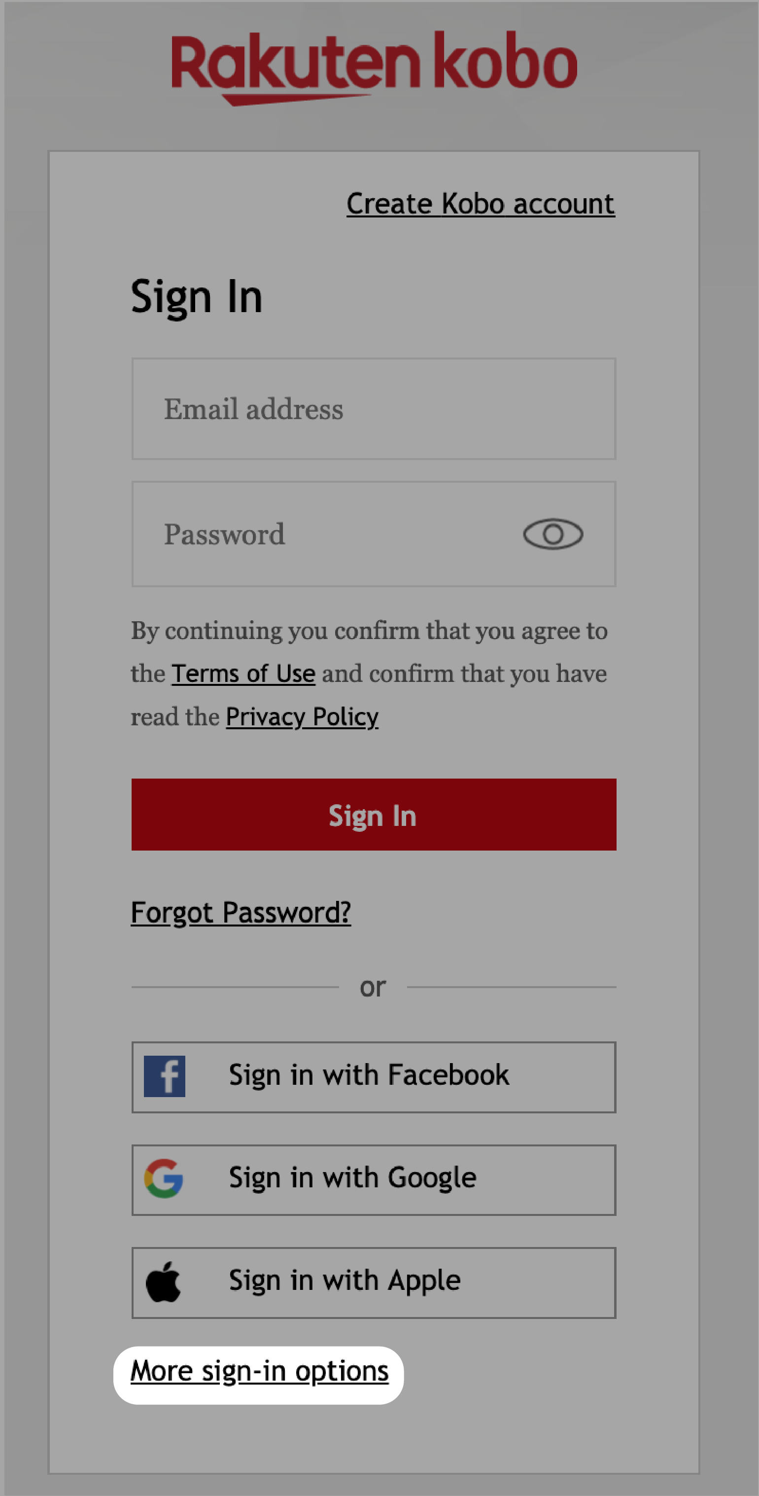 Menu di accesso a Kobo.com con Altre opzioni di accesso evidenziato.