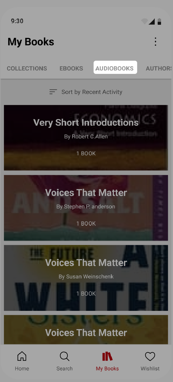 Kobo Books 應用程式，Audiobooks 標籤已突出顯示。
