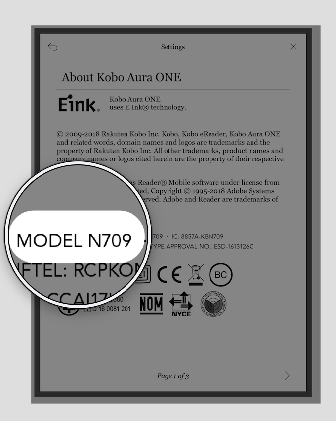 Menu de definições do eReader Kobo com o número do modelo do eReader destacado.