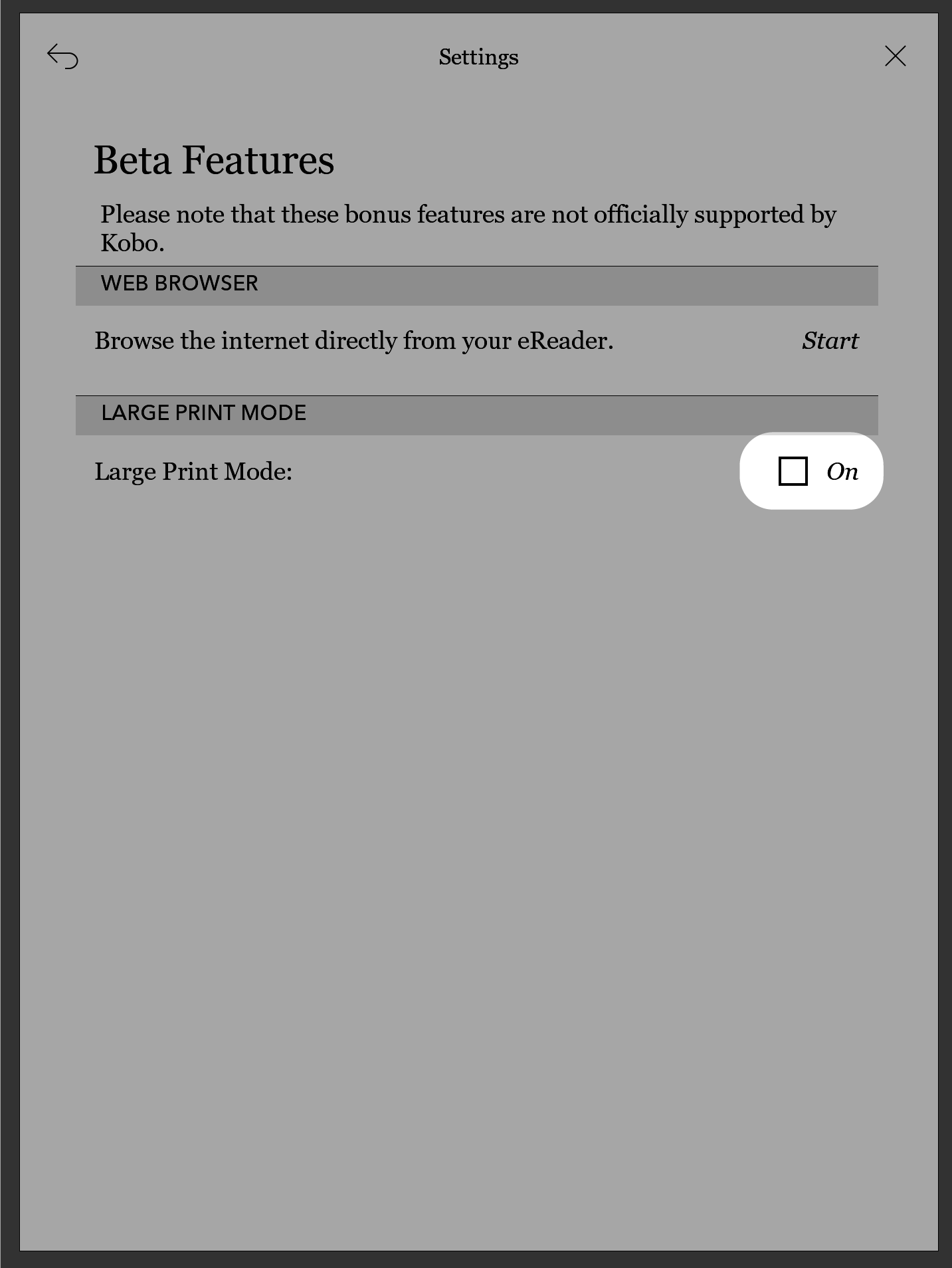 Kobo eReader Settings screen  with the checkbox beside Large Print Mode highlighted.