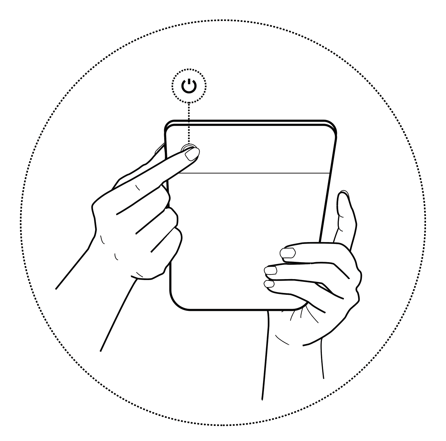 Illustration of a hand holding a Kobo eReader and pressing the power button on the back of the device.