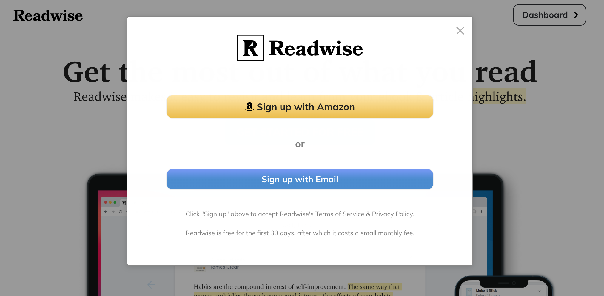 Readwise Pop-up-Menü mit hervorgehobenen Anmeldeoptionen.