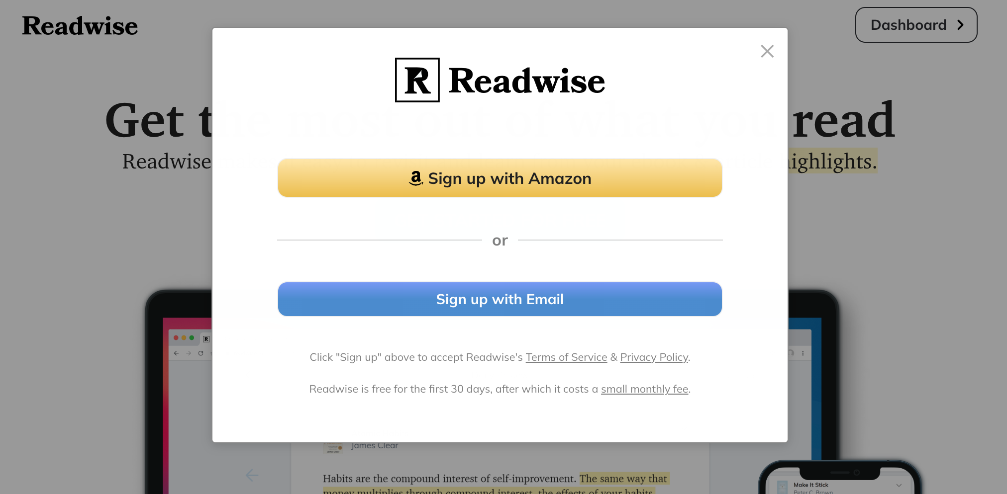 Readwise Pop up menu with sign-in options highlighted.