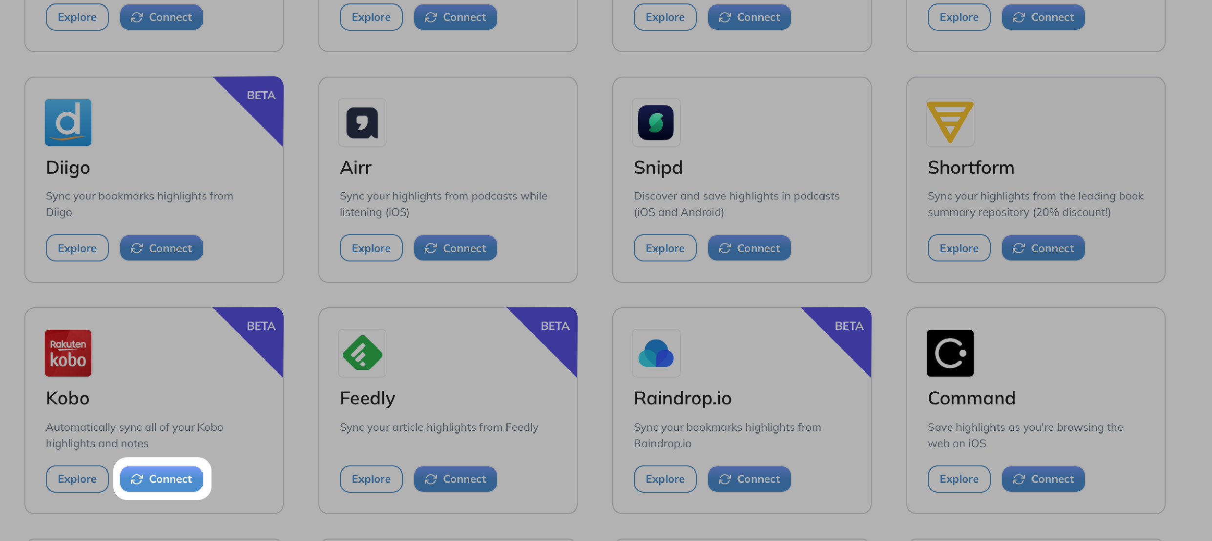 A list of apps with the Connect button highlighted.