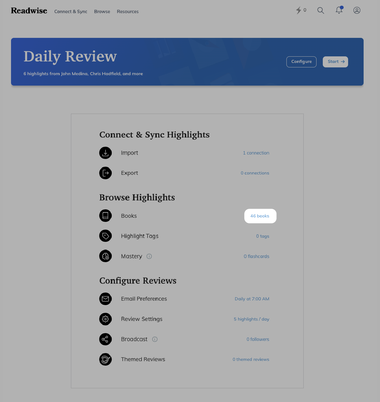 Readwise menu with the number of books highlighted.