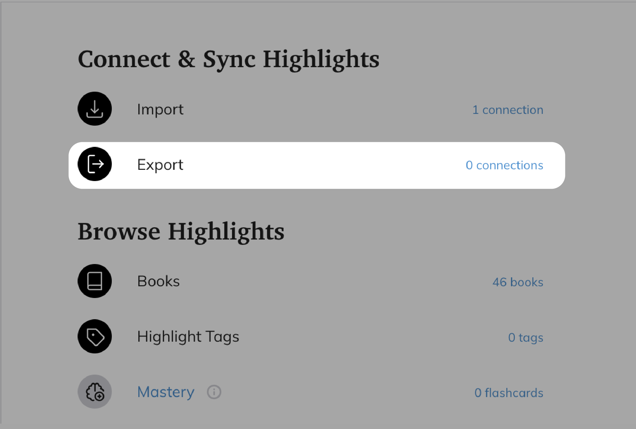 Readwise Connect menu with the Export button highlighted.