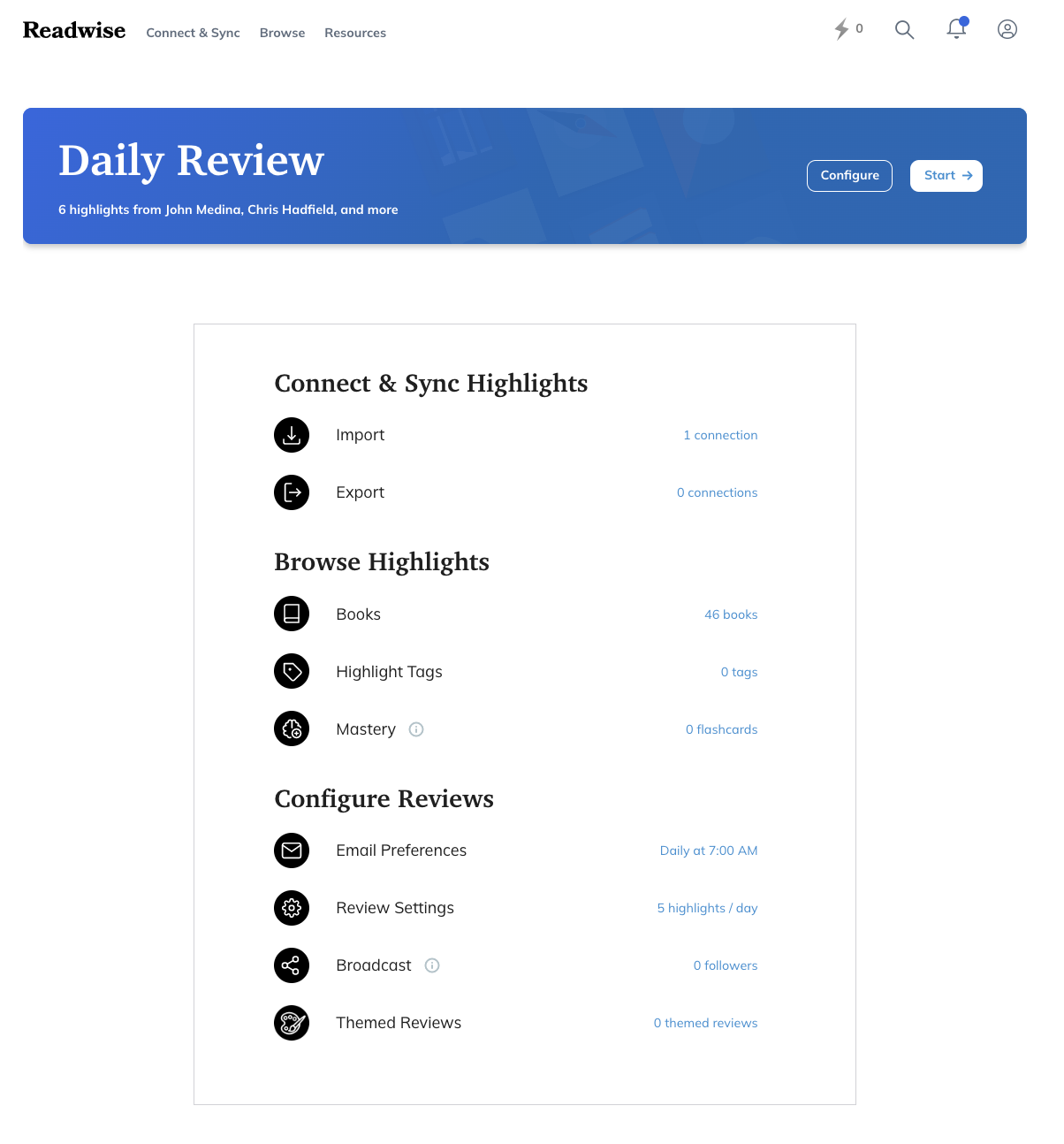 Menú de revisión diaria de Readwise que muestra las opciones de lectura y configuración disponibles.