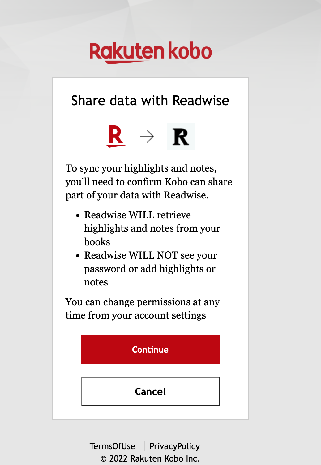 Menú de Comparte datos con Readwise que describe lo que sucede después de que compartas los datos.