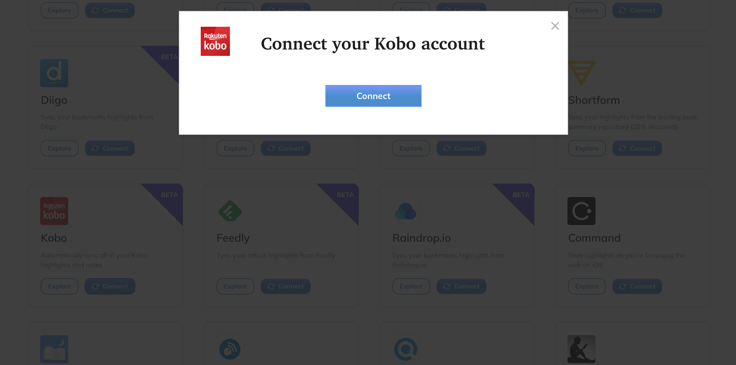 Menu pop-up qui vous permet de connecter votre compte Kobo.