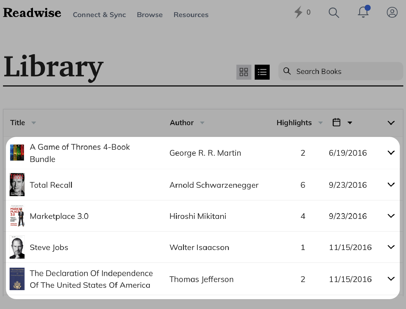 Readwise Library-visning (Bibliotek) med en liste over uthevede bøker.